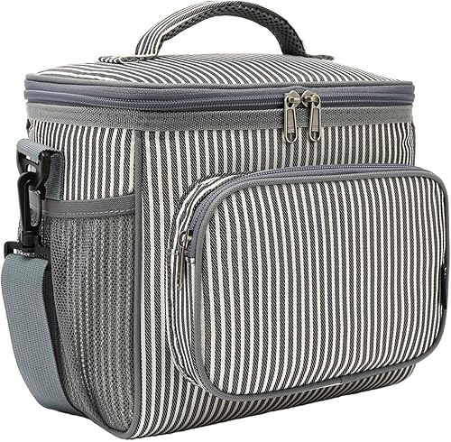 FlowFlyLonchera grande reutilizable con aislante para mujereshombres, con correa ajustable para el hombro, bolsillo frontal con cierre y bolsillos