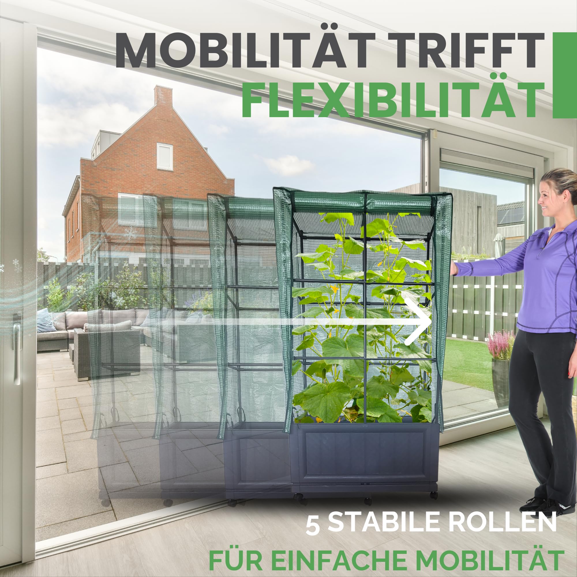Balkon Gewächshaus Laura mit Pflanzkasten, Rankgitter &, Terrasse | Schutzfolie, Tomatengewächshaus, Tomatenzelt, Foliengewächshaus, Wetterfest, UV-beständig, Platzsparendes Urban Gardening