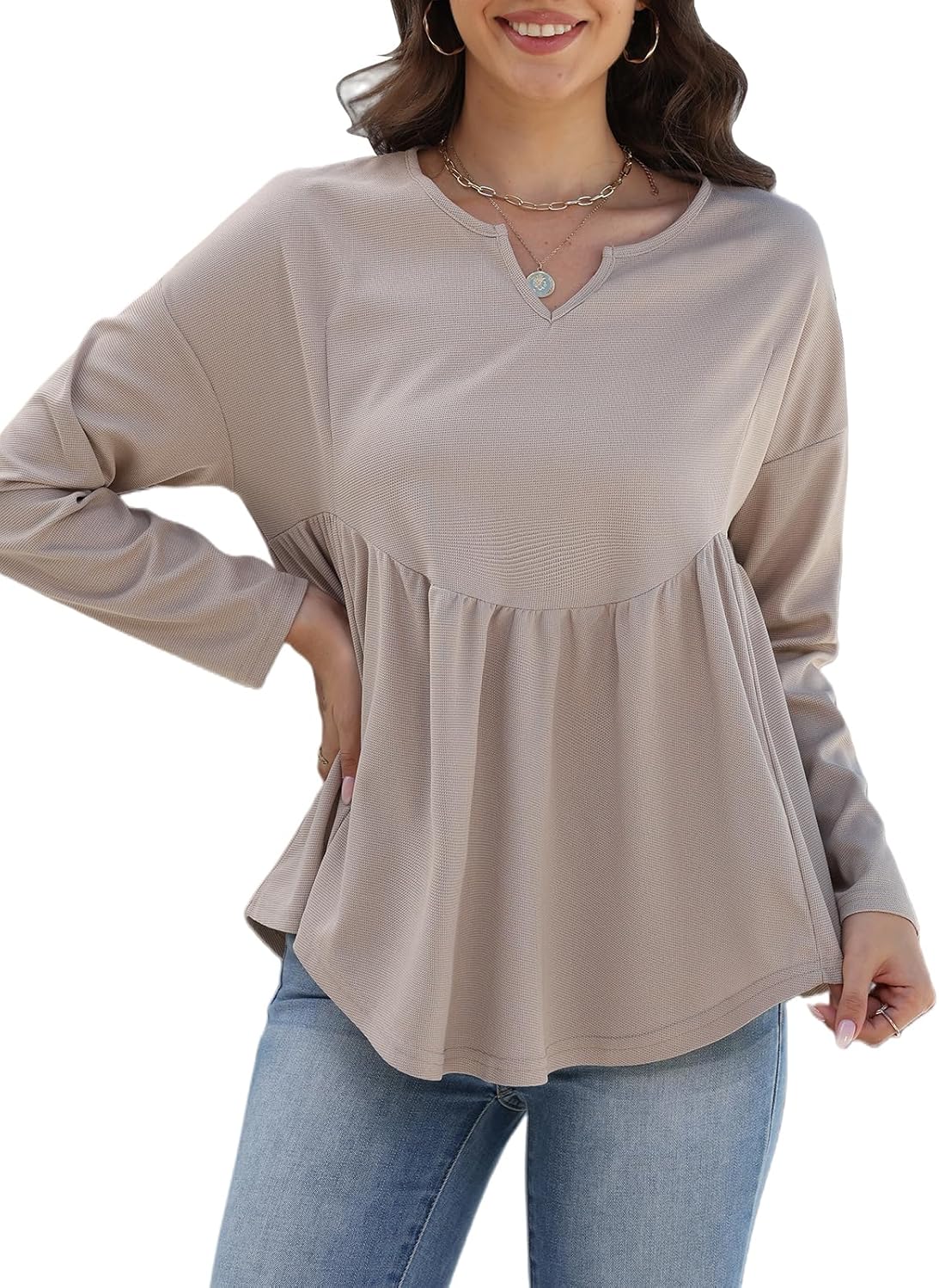 Women Waffle Knit Long Sleeve Shirt V Neck Babydoll Tunic Tops Fall Winter Casual Fashion Clothes - Image 2
