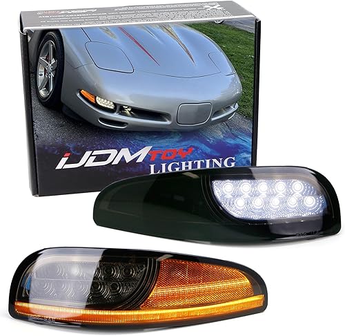 iJDMTOY Lente ahumada LED DRLláser secuencial frontal luz intermitente compatible con Chevrolet Corvette C5 1997-2004, xenón blanco LED