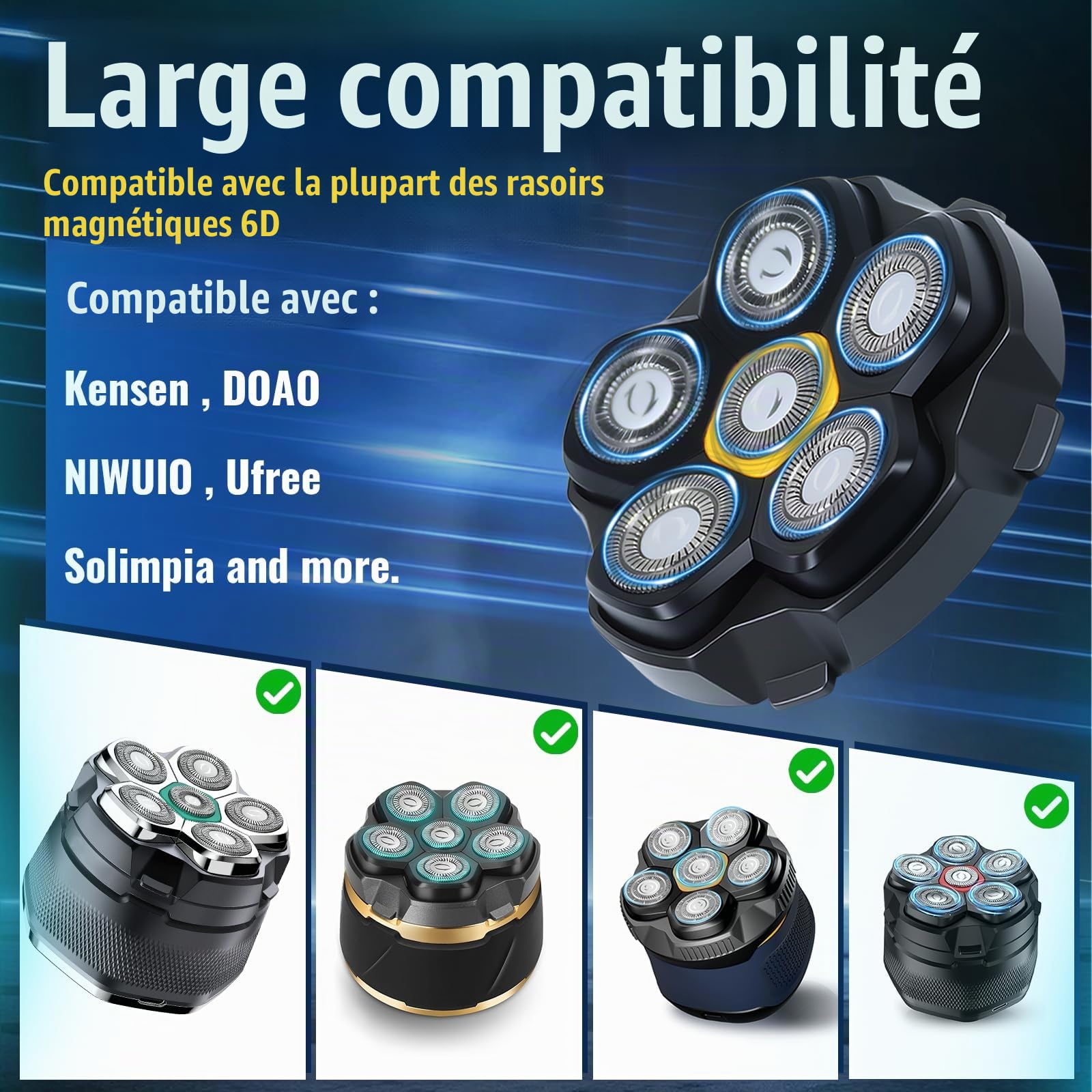 Têtes de rasoir magnétiques à 6 lames de rechange pour de nombreux rasoirs électriques magnétiques 6D, compatibles avec DOAO, Kensen, JoyKoi et Kibiy. (3 pièce)