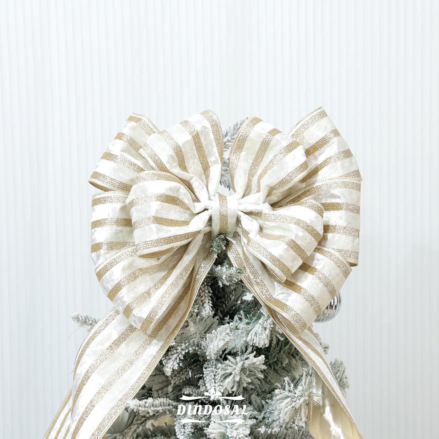 Ivory Velvet Wired Ribbon with Champagne Glitter Stripe 4 Inch Crushed Velvet Christmas Ribbon, 10 Yards for Gift Wrapping, Crafts, Christmas Tree Decorations, Wreath Supplies, Garlands