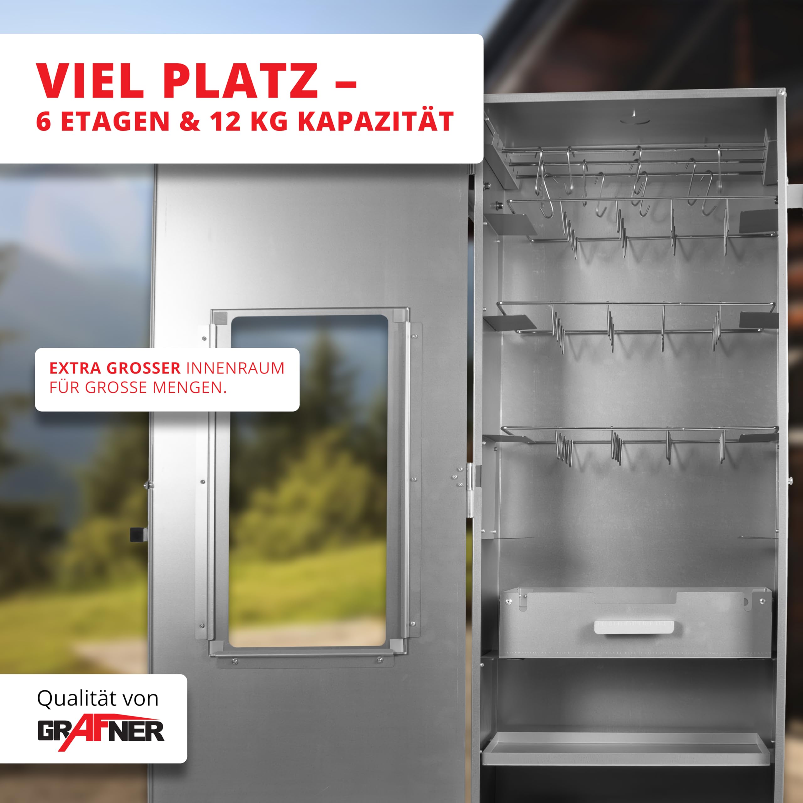 Grafner XXL Räucherofen mit 6 Etagen, Sichtfenster und Thermometer, legierter Stahl, 12x Haken, Räucherschrank zum Heißräuchern und Kalträuchern, Smoker für Fisch Fleisch Käse Gemüse