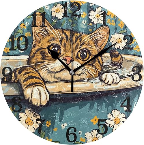 Miniatura 1 de Reloj redondo de montaje en pared de 10 pulgadas silencioso dibujos animados Bengala gatos retro bañera simple para el hogar dormitorio dormitorio