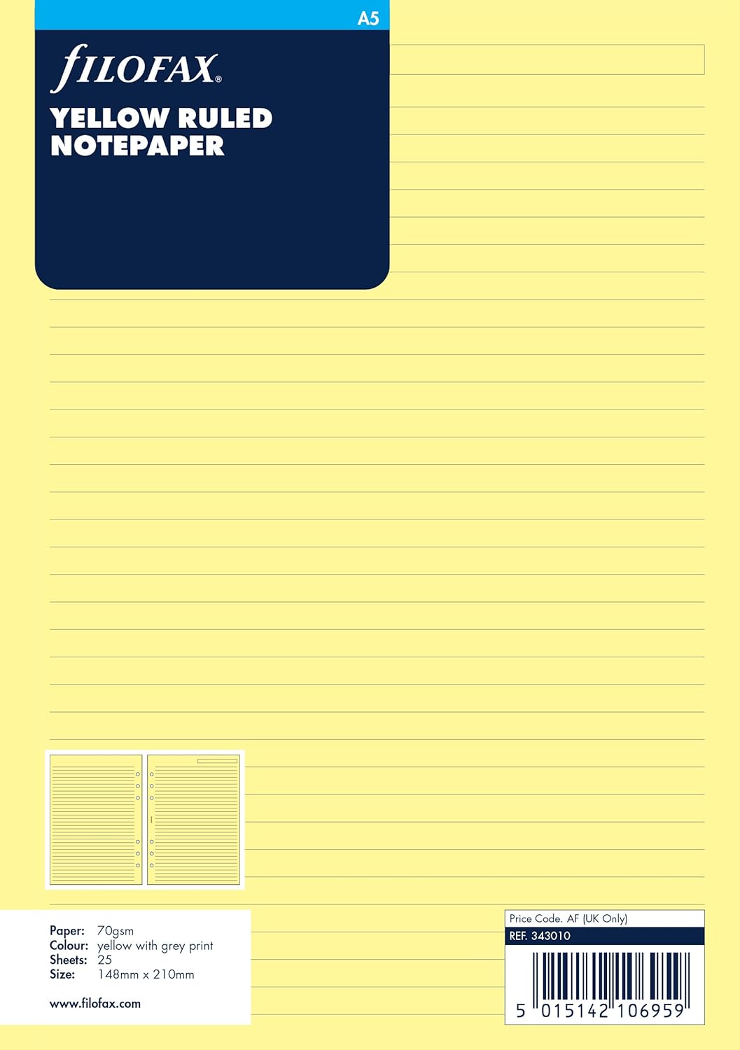 Philofax 342213 Personal Organizer, Refill, A5, Memo, Horizontal Rule, Black