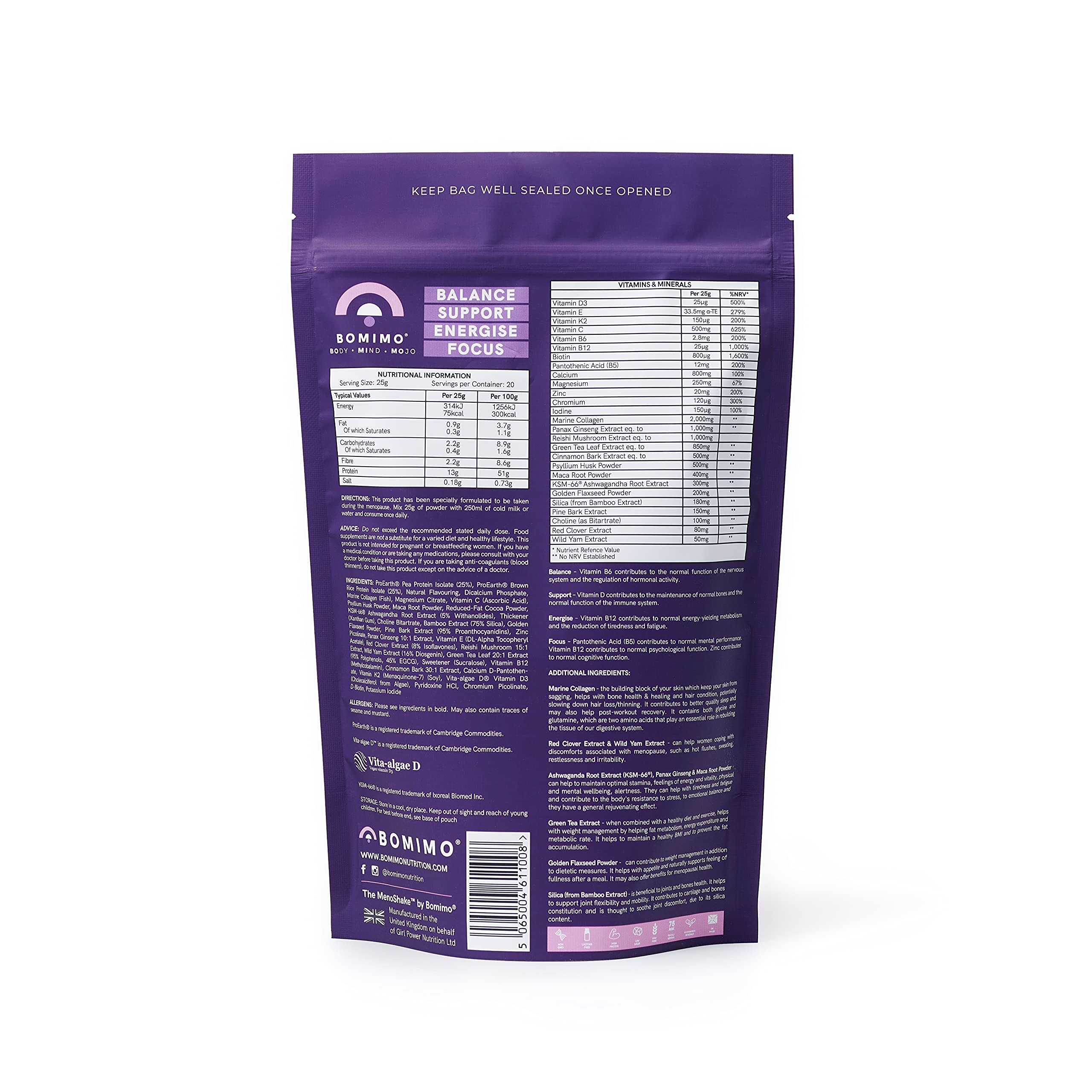 BOMIMO Menoshake Support for Women in Menopause Chocolate Protein