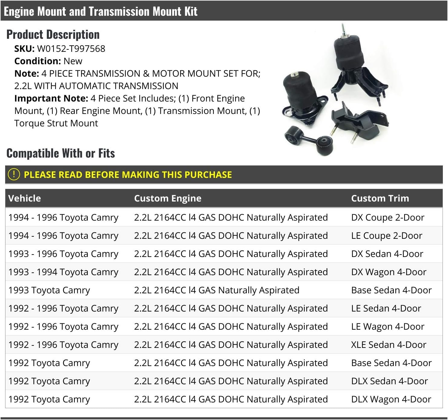 Engine Mount and Transmission Mount 4 Piece Kit - Compatible with 1992-1996 Toyota Camry