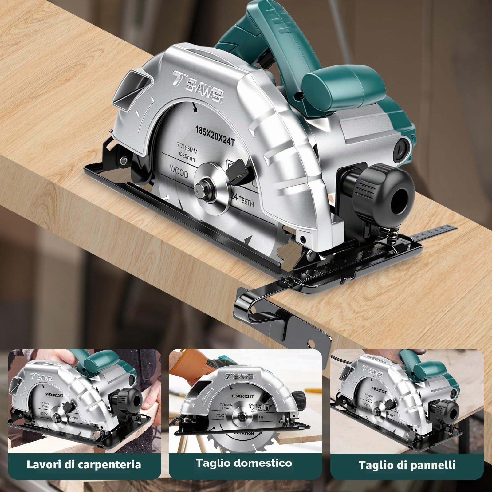 Sega circolare per legno Sierra Circular 1200W, Mini Sega Circolare 5200RPM, profondità di taglio: 60 mm (90°) - 45 mm (45°), velocità variabile per legno, metallo dolce, plastic