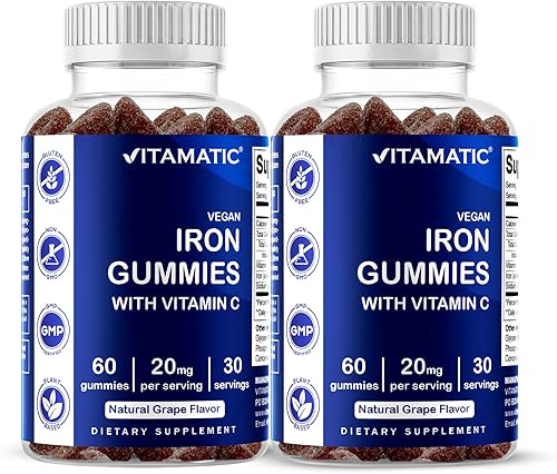 Paquete de 2 gomitas vitamáticas de hierro para mujeres y hombres, porción de 20 mg, 60 gomitas veganas, vitaminas gomosas de hierro de gran sabor
