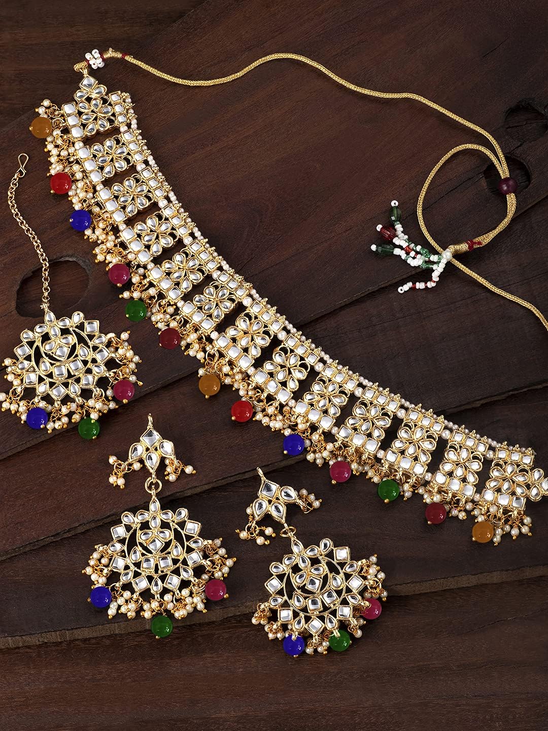 Aheli Elegant Indian Faux Kundan Studded Choker Necklace with Maang Tikka Set Ethnic Wedding Wear Bharatanatyam jewellery set Gift for Women - Image 6