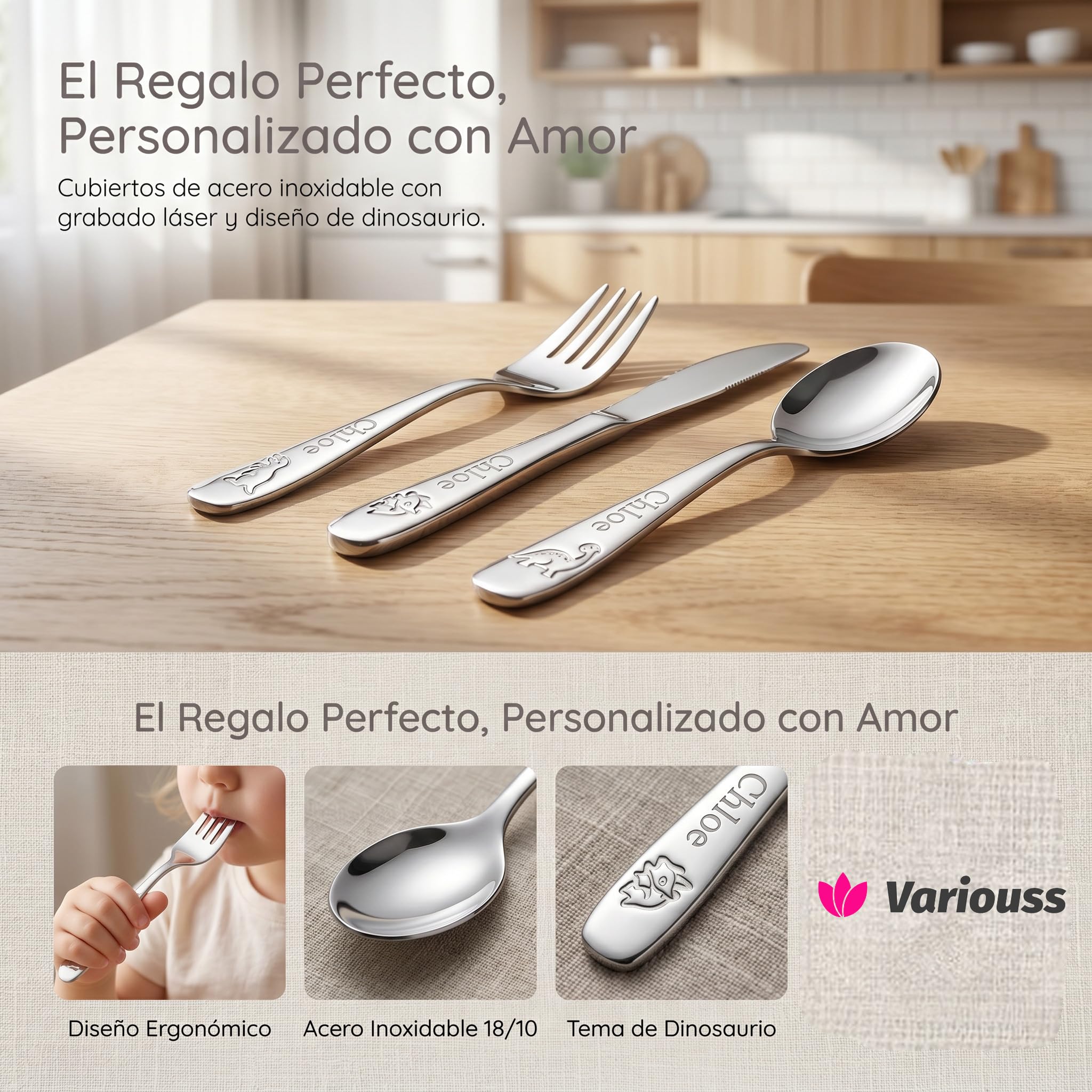 Cubiertos Infantiles Personalizados con nombre grabado, Set de Cubiertos Infantiles en Acero Inoxidable con Personalización.