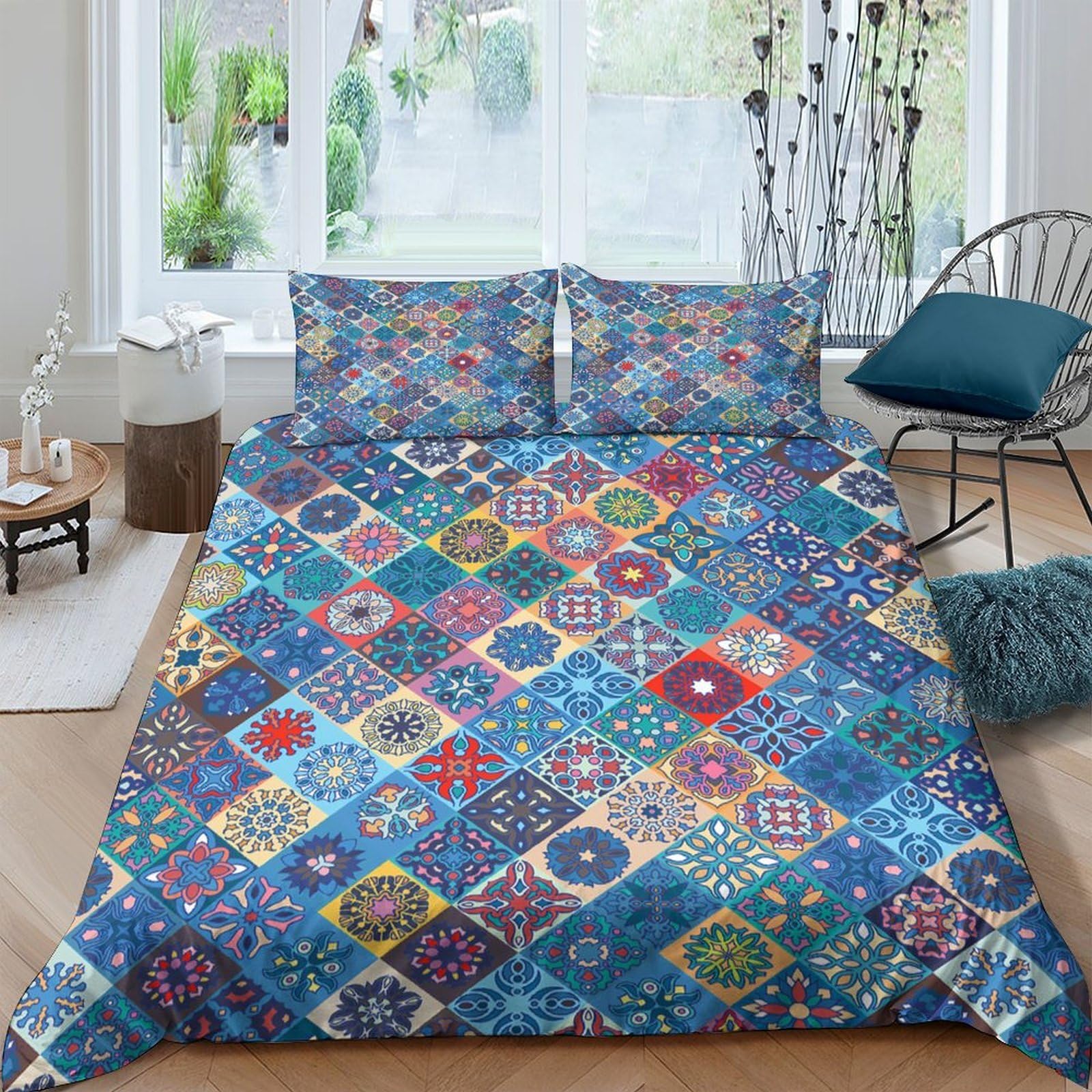 Ctjqhvkz Style-10 3D Printed Blue Mosaic Tile Pattern Fitted Sheet Microfiber Soft Bed Cover For Bedroom Guest Room Home Decor Single（135X200cm）