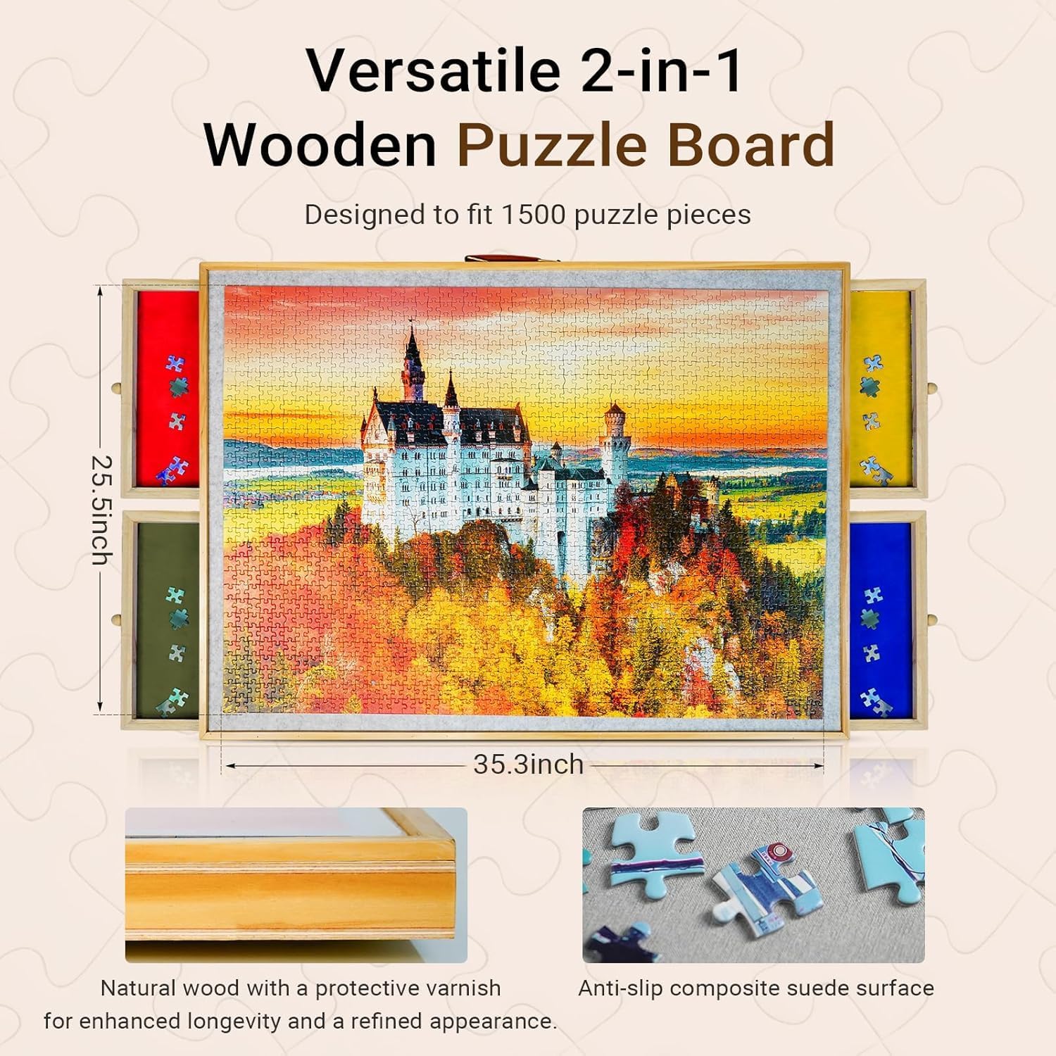 Tilting Puzzle Board for 1500 Pieces – 26"x36" Table with Drawers, Cover, 60° Ergonomic Non-Slip Surface, Portable Puzzle Board with 4 Sorting Trays