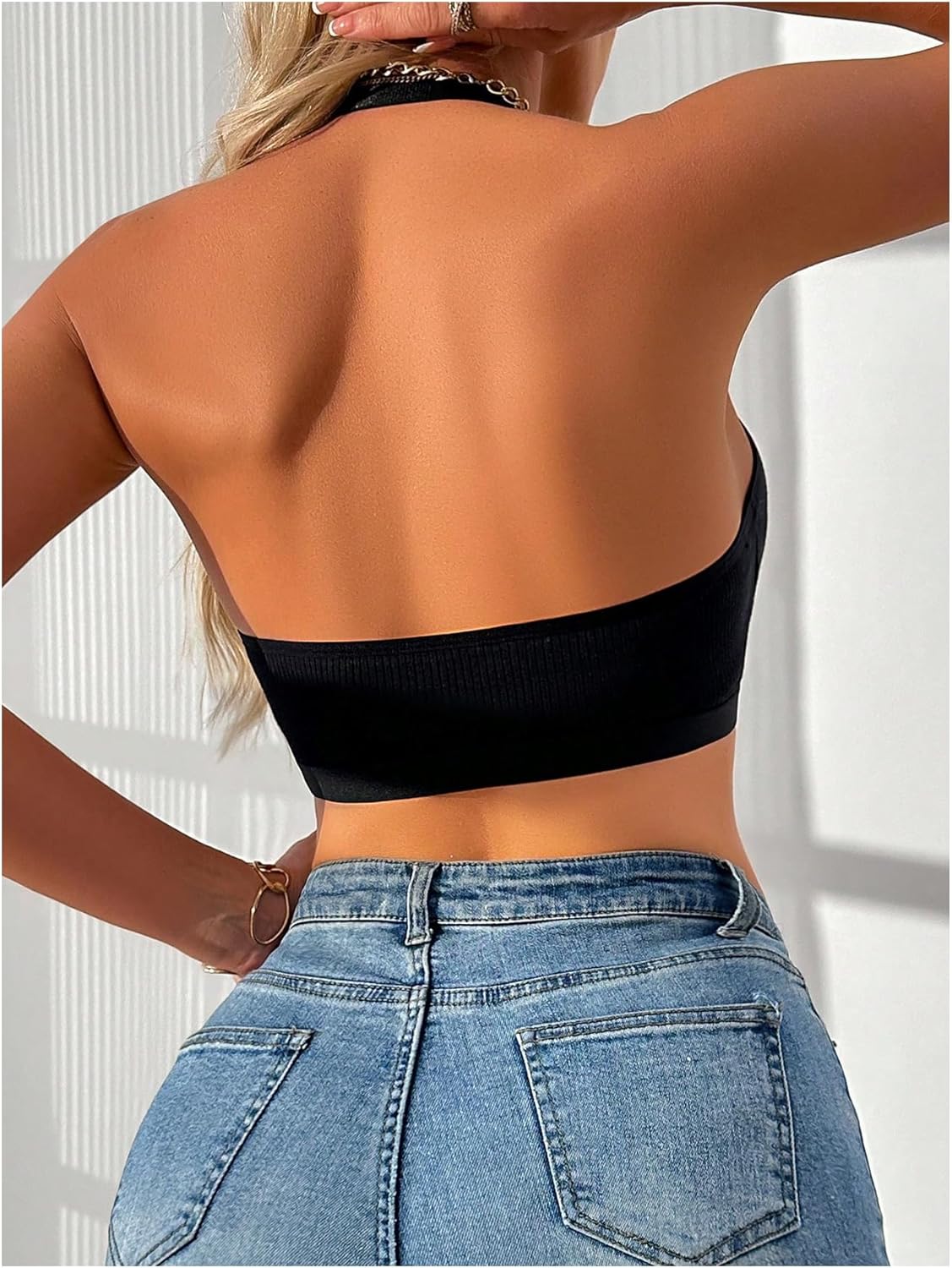 SHENHE Women's Front Closure Halter Neck Plunge Bra Non Padded Contrast Mesh Bralette - Image 2