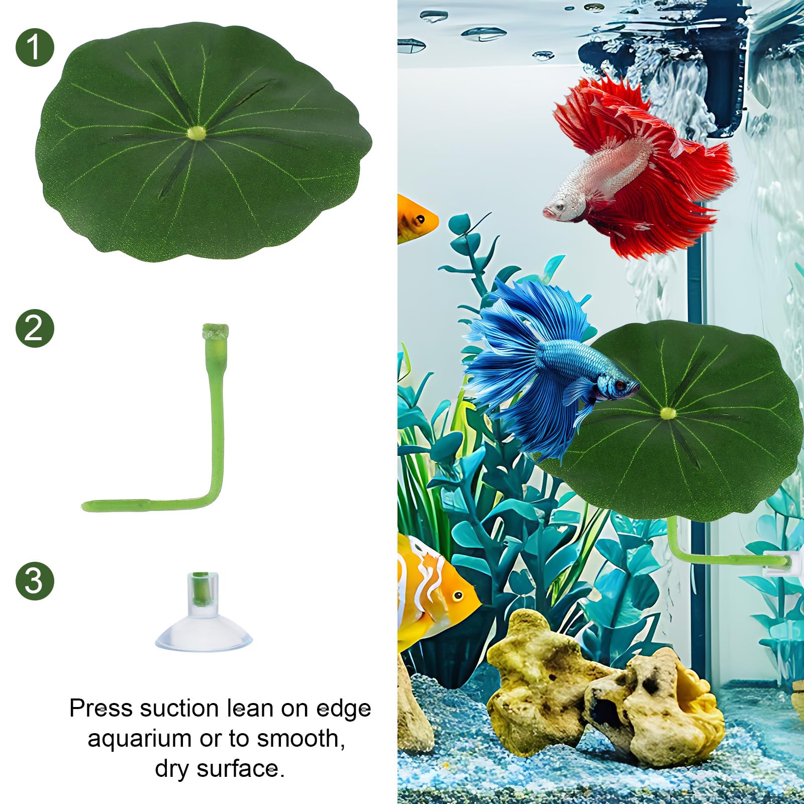 Xinjoduz Pack de 3 accessoires pour aquarium de poisson betta, Hamac en plastique pour aquarium avec coussin en forme de feuille pour décoration d'aquarium, décoration d'aquarium sûre et douce avec