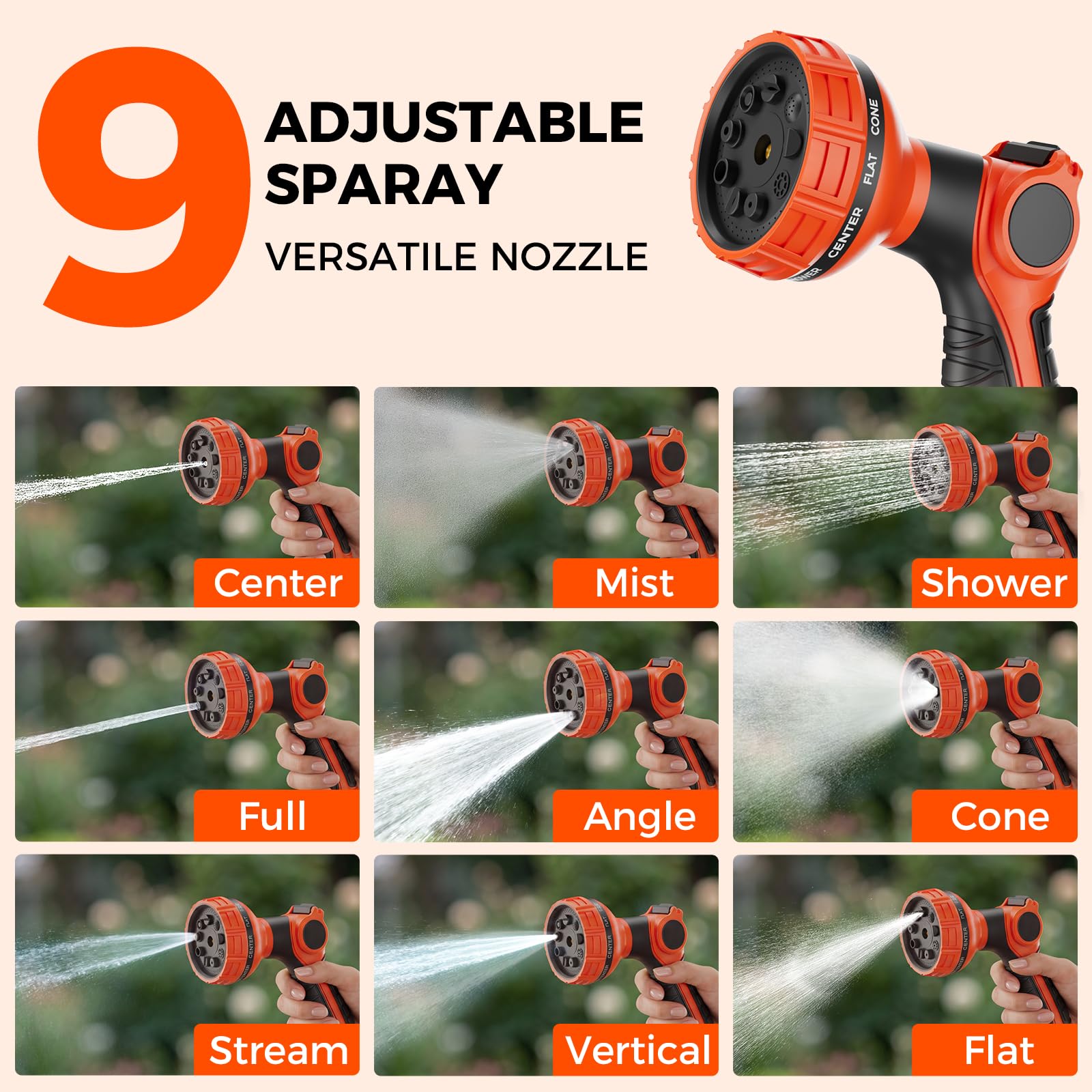 Carrete de manguera de jardín retráctil mejorado 5/8 "x 100 ft boquilla de 9 patrones montada en la pared cualquier longitud bloqueo automático retorno lento 180 ° giratorio resistente a los rayos UV