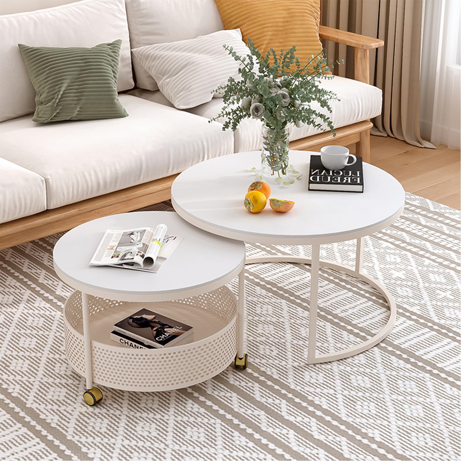 GHBXJX Modern Couchtisch Rund 2er Set, Metall Couchtisch mit Rollen und Stauraum, Sofa Tische Wohnzimmer Couch Beistelltisch, Mobiler Stubentisch, Cauchsofa Tisch, Belastbarkeit 100kg,Weiß Küche, Haushalt & Wohnen