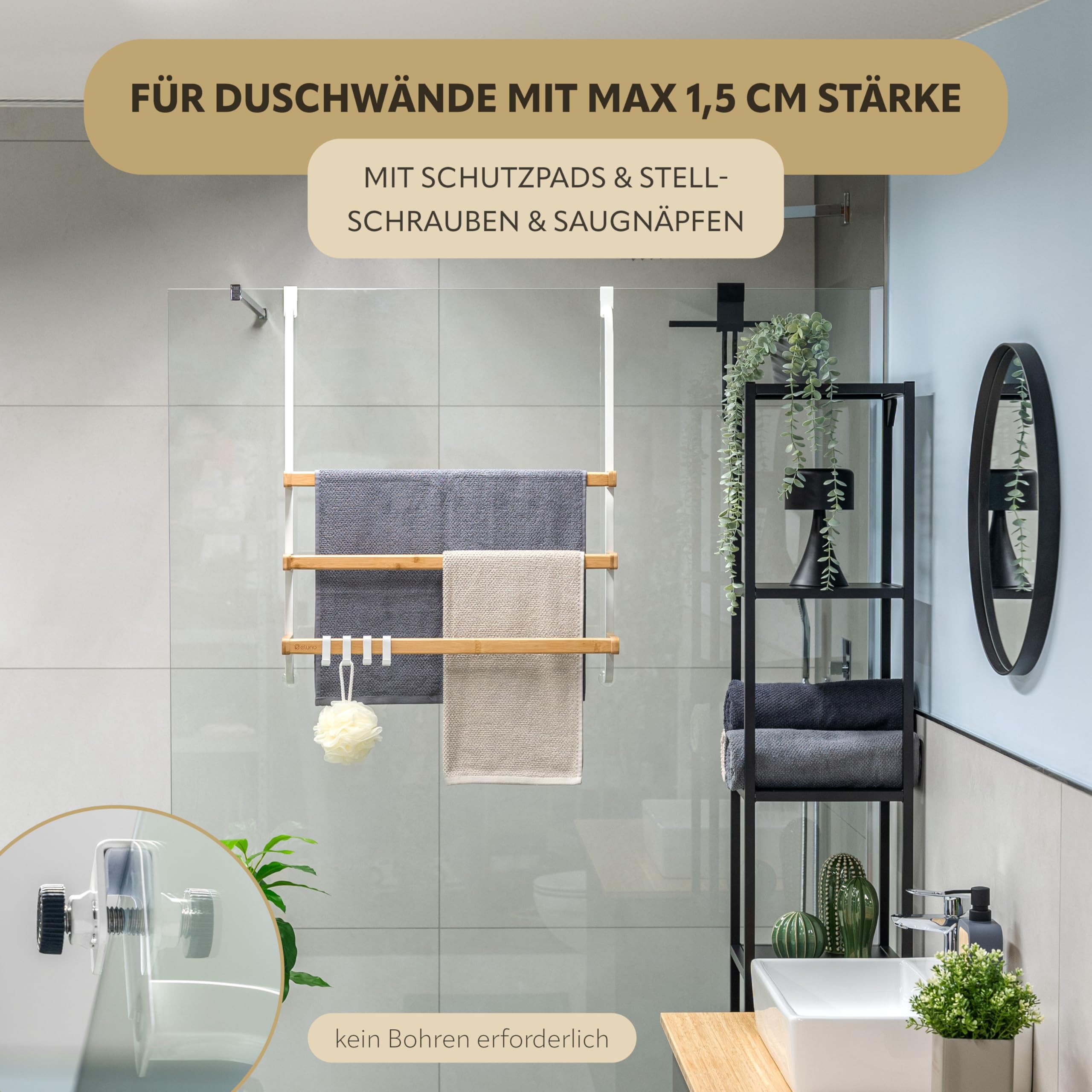 eluno Handtuchhalter für die Glasduschwand aus Metall und Bambus, Handtuchhalter mit 3 Handtuchstangen, 4 praktischen Haken, zum Einhängen ohne Bohren (Weiß)