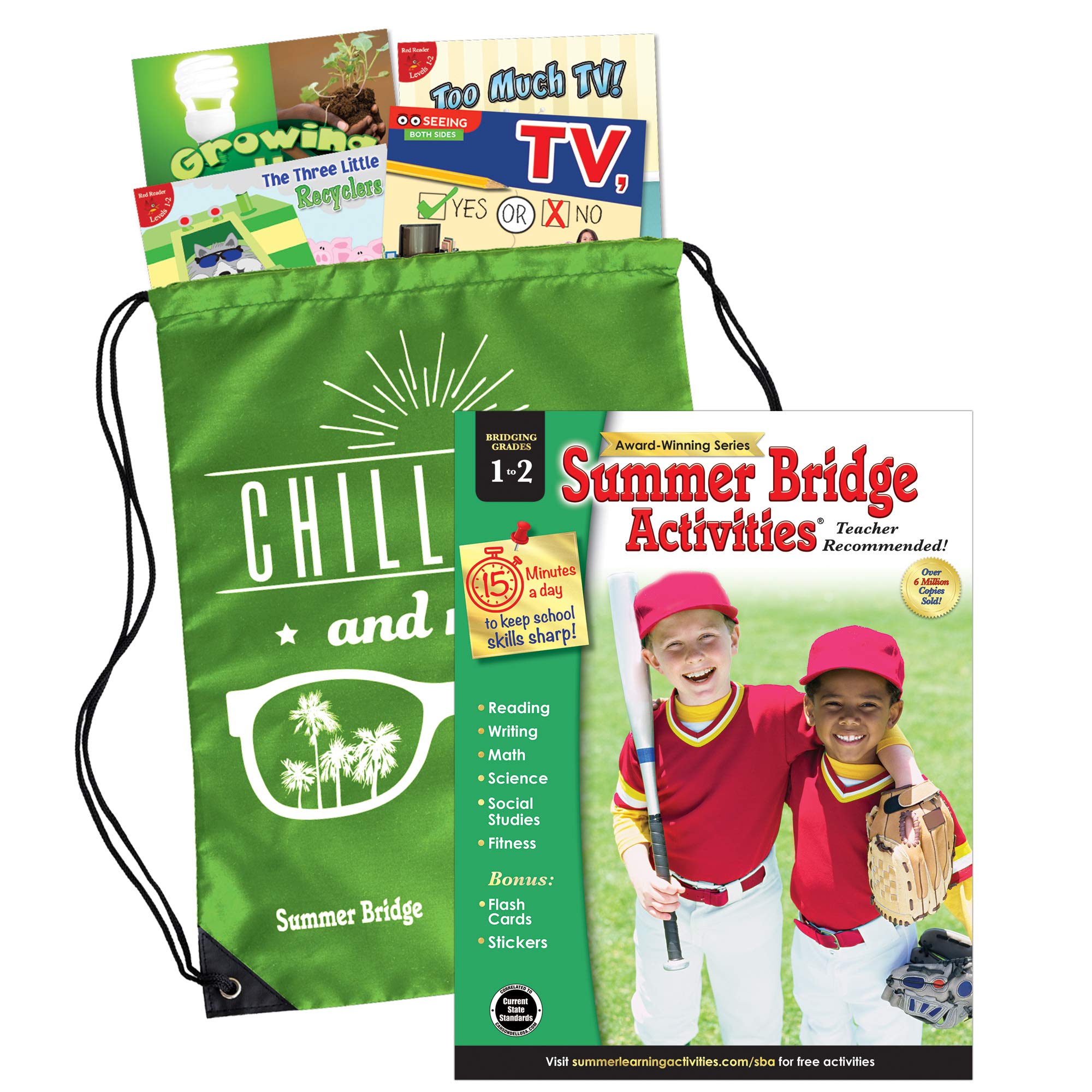 Summer Bridge Activities 1-2 Bundle, Ages 6-7, Summer Learning 2nd Grade Workbook, Addition Math Flash Cards, Nonfiction and Fiction Children's Books, Drawstring Bag