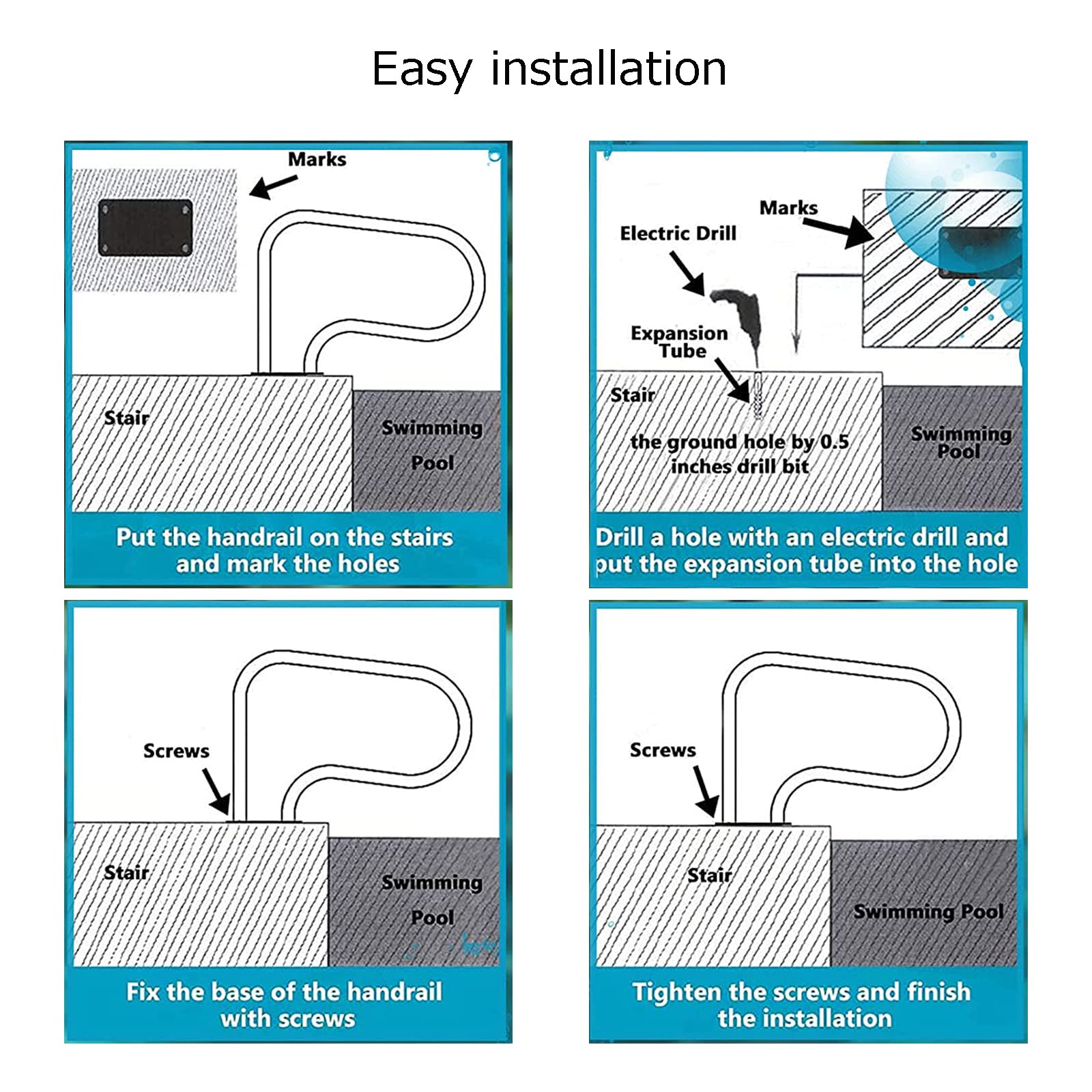 Pasamanos para Piscinas en el Suelo, Pasamanos de Seguridad para Piscinas con Base de Montaje Rápido, Material Inoxidable/Sliver/47X31In/121X88Cm