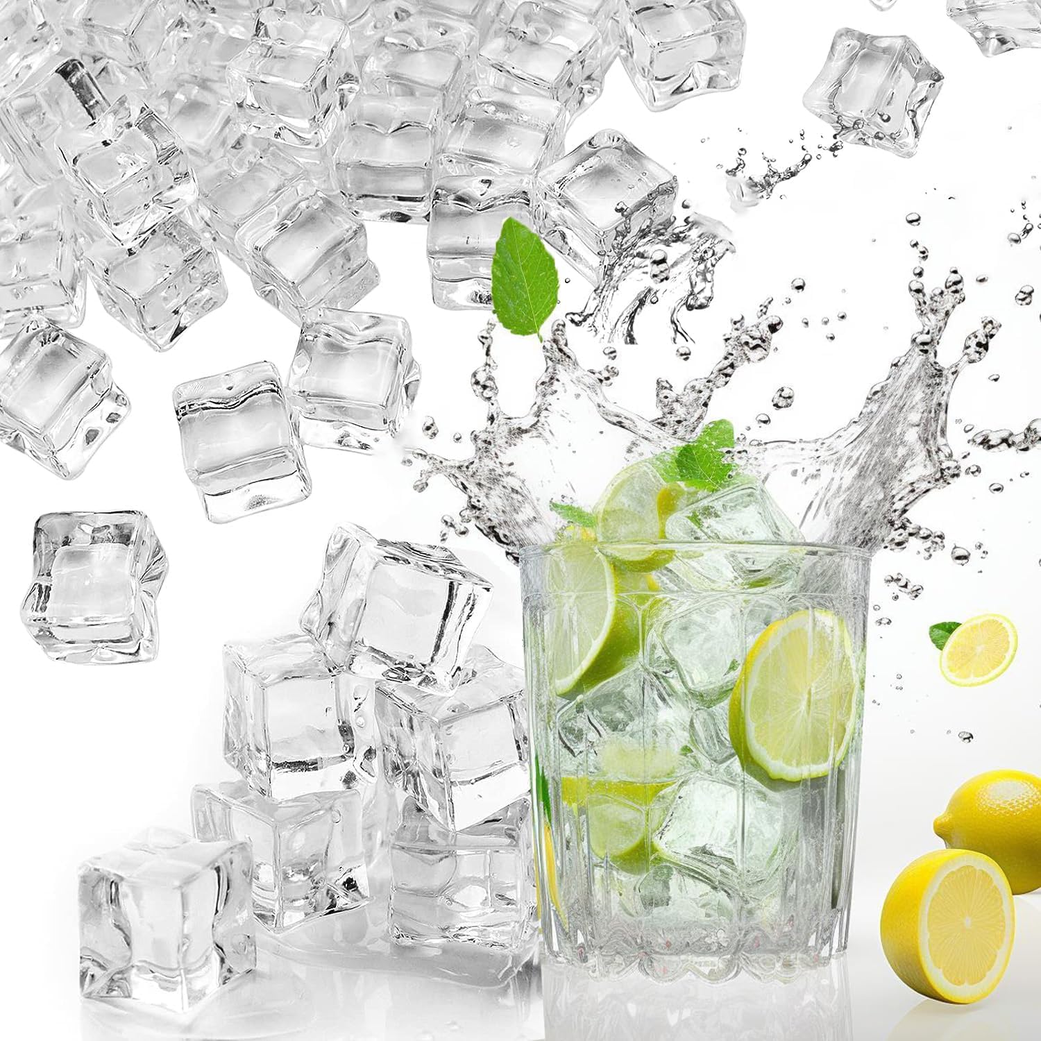 AitnWoy Reusable Fake Ice Cubes, 50 PCS Clear Plastic Ice Cubes Rock Diamond Crystals Square Display for Home Decoration Wedding Centerpiece Vase Fillers Food Photography Props Decoration (0.8 inch)