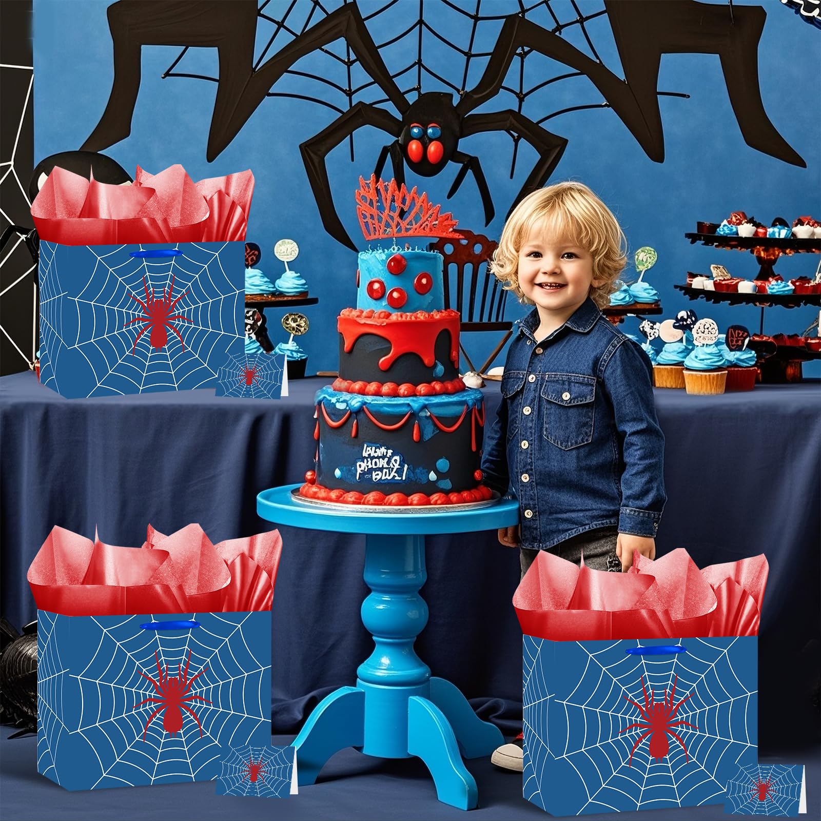 Yomaiha Blue Spider Birthday Gift Bag Spider Party Paper Bags with Handles Tissue Paper and Card Blue Spider Webs Wrapping Bag Spider Party Decorations for Men Girls Boys Birthday Supplies