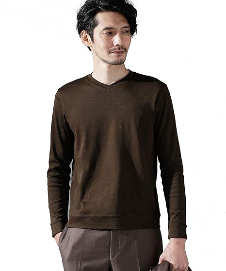 Amazon ナノユニバース ｆｏｒｍａｌ ｊｅｒｓｅｙ ｖネック カットソー 長袖 メンズ L ブラウン Tシャツ カットソー 通販