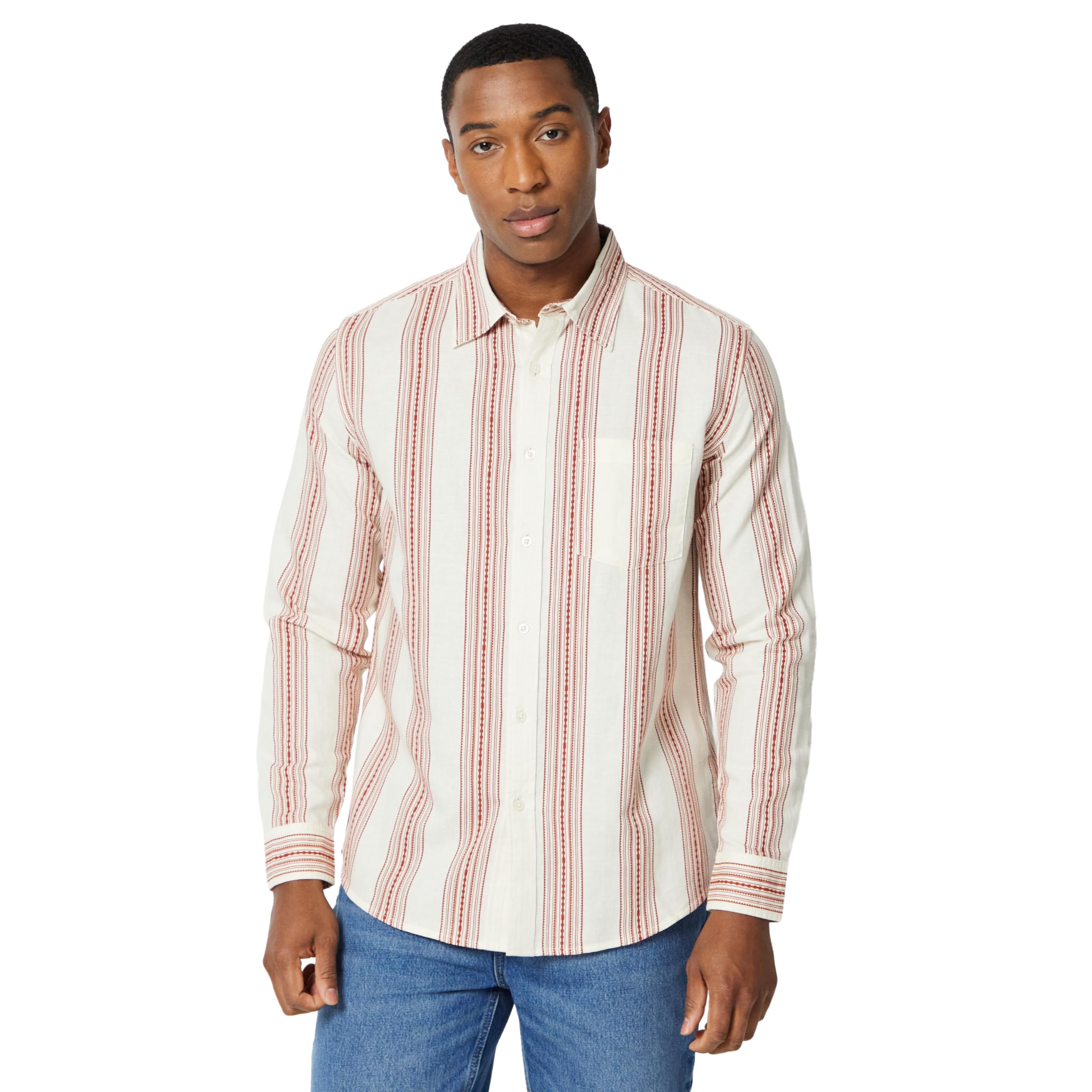 Amazon Essentials Men's Regular-Fit Long Sleeve Linen Blend Shirt, Brick Red Textured Stripe, XX-Large