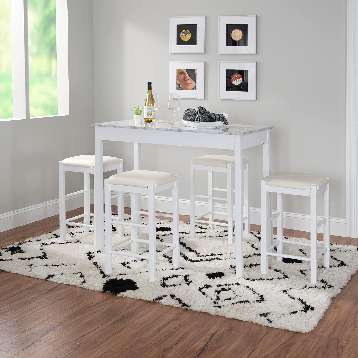 Linon White and Faux Marble Table and 4 Stool Tavern Set with White Faux Leather Seats