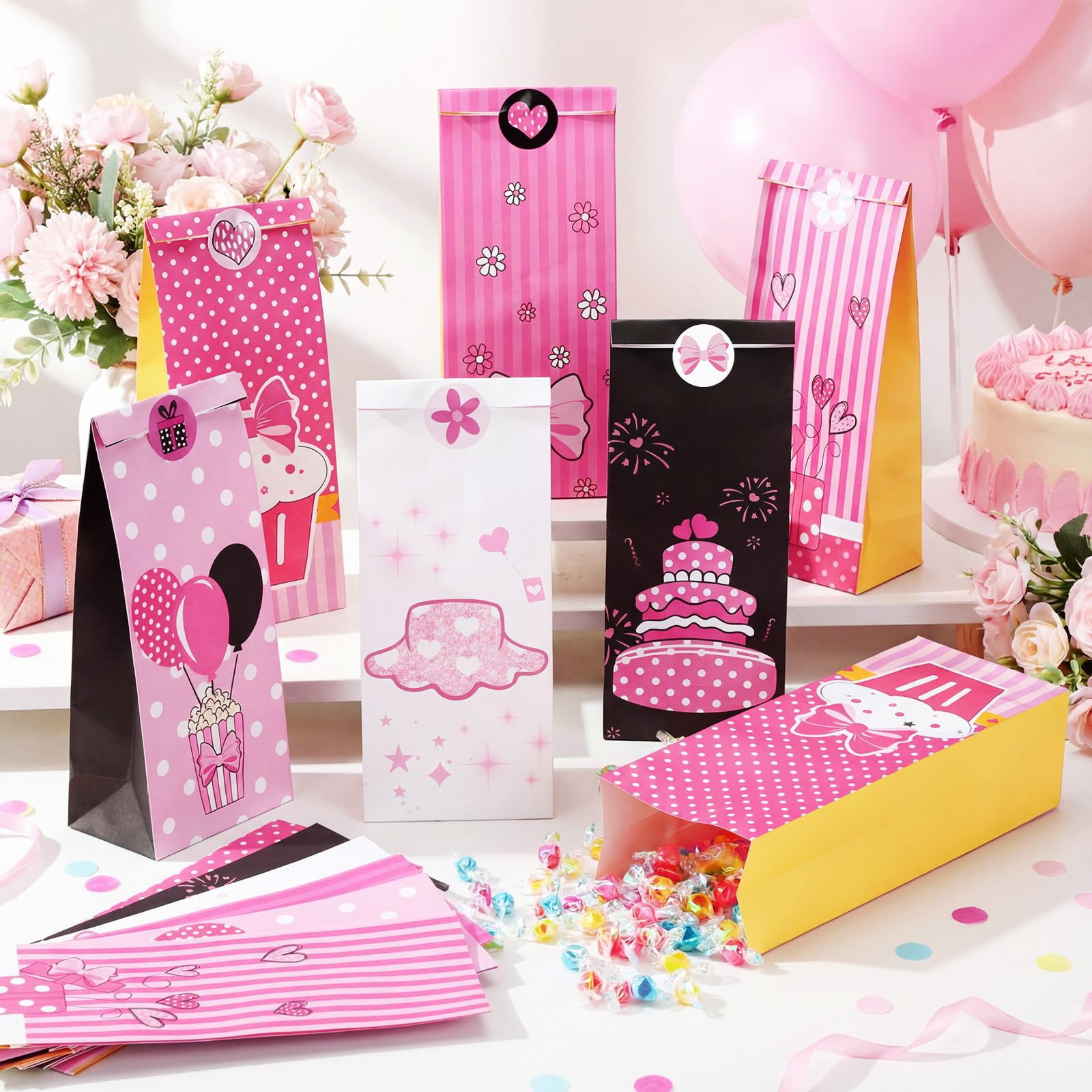Motiskyy 30 Pcs Pink Mouse Birthday Party Favor Bag with Stickers 8.66" x 4.72" Goodie Bags Gift Bag Paper for Pink Mouse Theme Birthday Decorations Candy Snack Giving Party Supplies, 6 Style