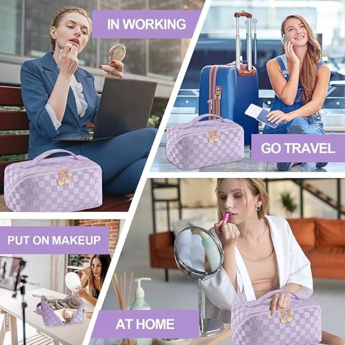 Miniatura 5 de IMENE Bolsa de maquillaje de viaje, 2023 Bolsa de maquillaje portátil a cuadros para mujer, bolsa de cosméticos impermeable de piel sintética con