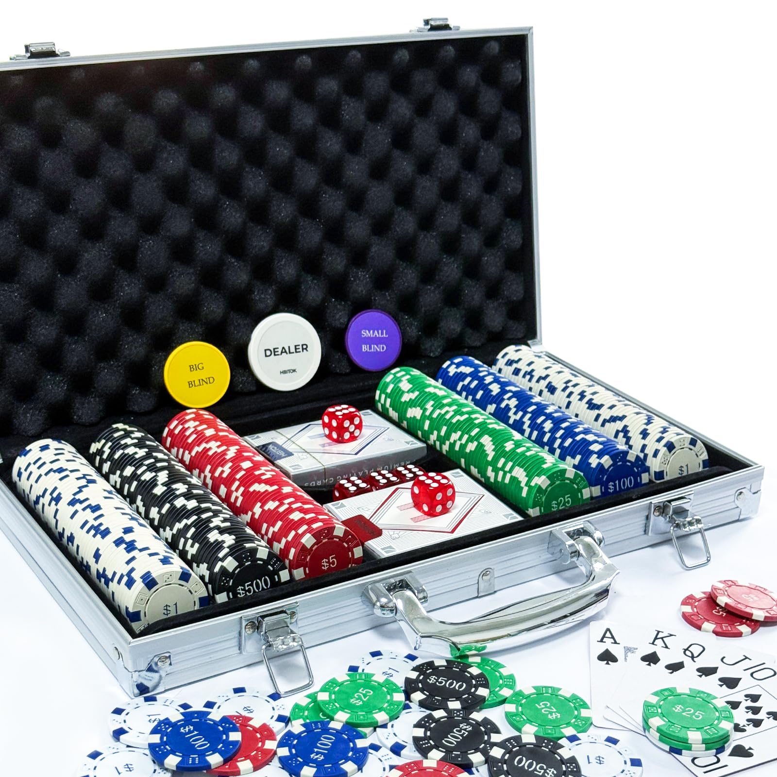 Poker Set with Denominations, 300-pcs 11.5g Weighted Numbered Chips, 5 Dice, 2 Decks with Compact Aluminum Case for Texas Hold'em, Blackjack, Age 8 and Plus
