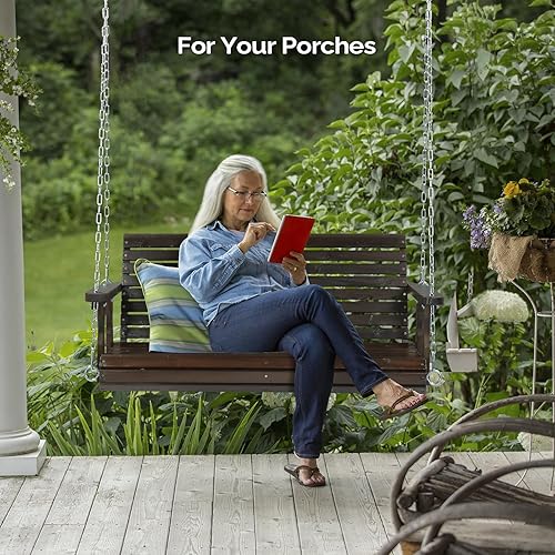 Miniatura 6 de VINGLI Columpio de madera mejorado para patio y jardín, silla columpio resistente de 880 libras con cadenas colgantes para exteriores (rústico, 4