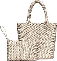 Vista 1 de Bolso de mano tejido para mujer, bolso grande de cuero tejido para mujer, elegante bolso de verano para trabajo, viajes, playa Dorado