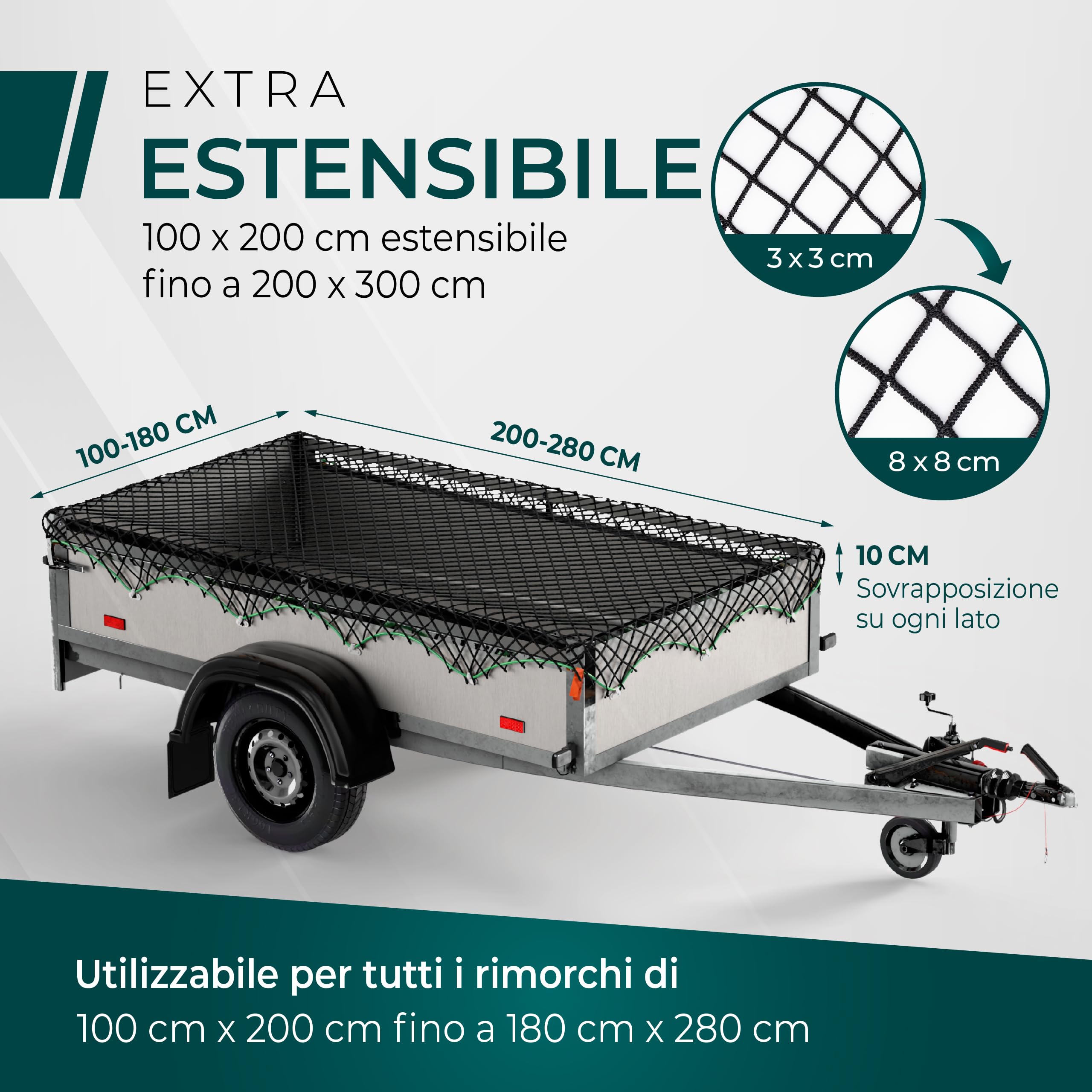 CargoVA - Rete elastica espandibile 1x2 fino a 2x3M - Rete elastica nera con corda elastica e marcatura angolare - per un fissaggio perfetto del carico