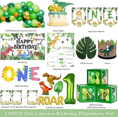 Miniatura 2 de Hombae Un Dinosaurio de Cumpleaños, Decoración de Dinosaurio para Primera Fiesta de Un Año para Niño, Fondo de Globos, Guirnalda de Hojas, Pancarta
