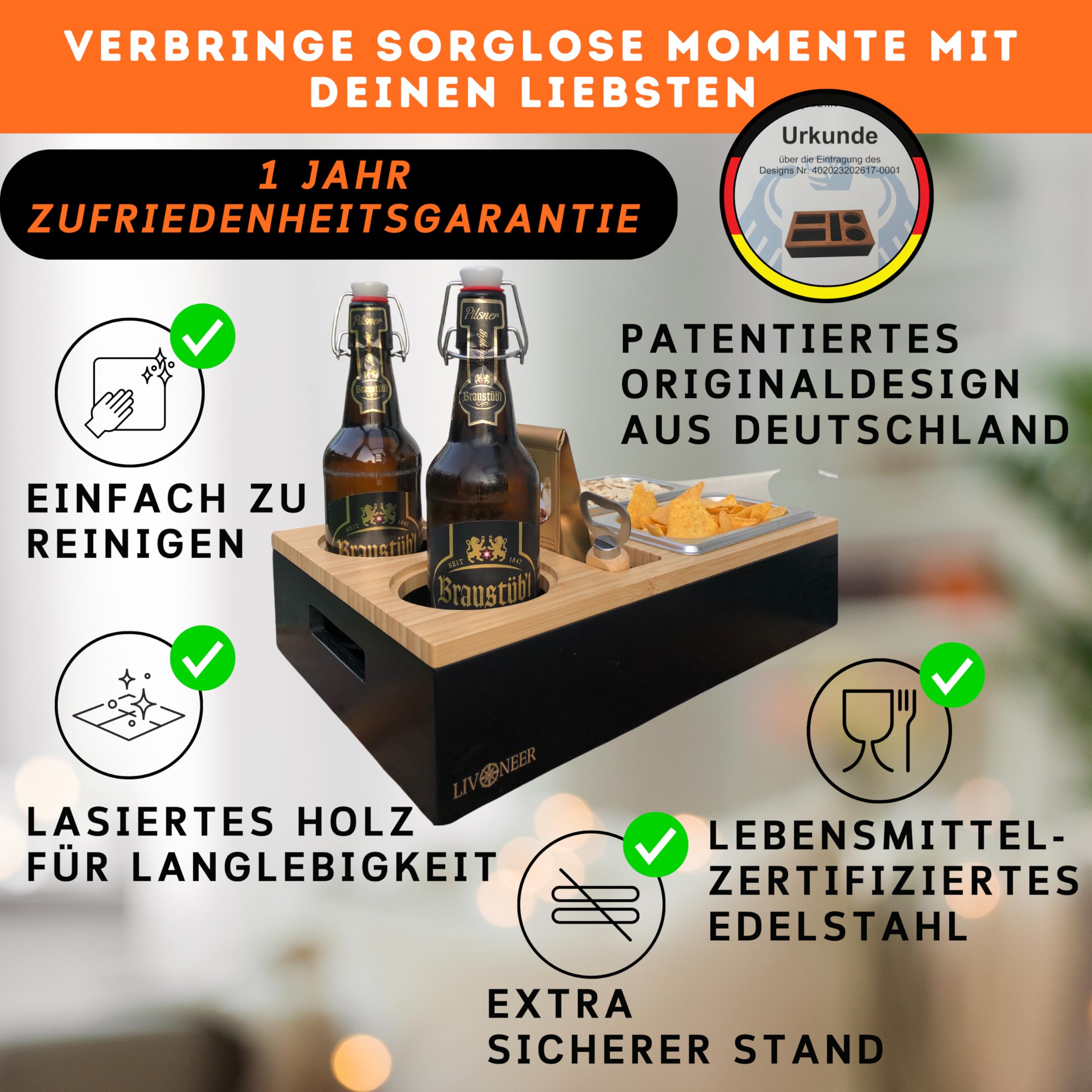 Couchbar Robuste Premium Snackbox I Einteilbares Tablett inkl. abnehmbarer Deckel, 2XL Snackschalen, Getränkehalter mit Untersetzer & Handyhalterung Couch für gemütliche Abende, Geschenkbox