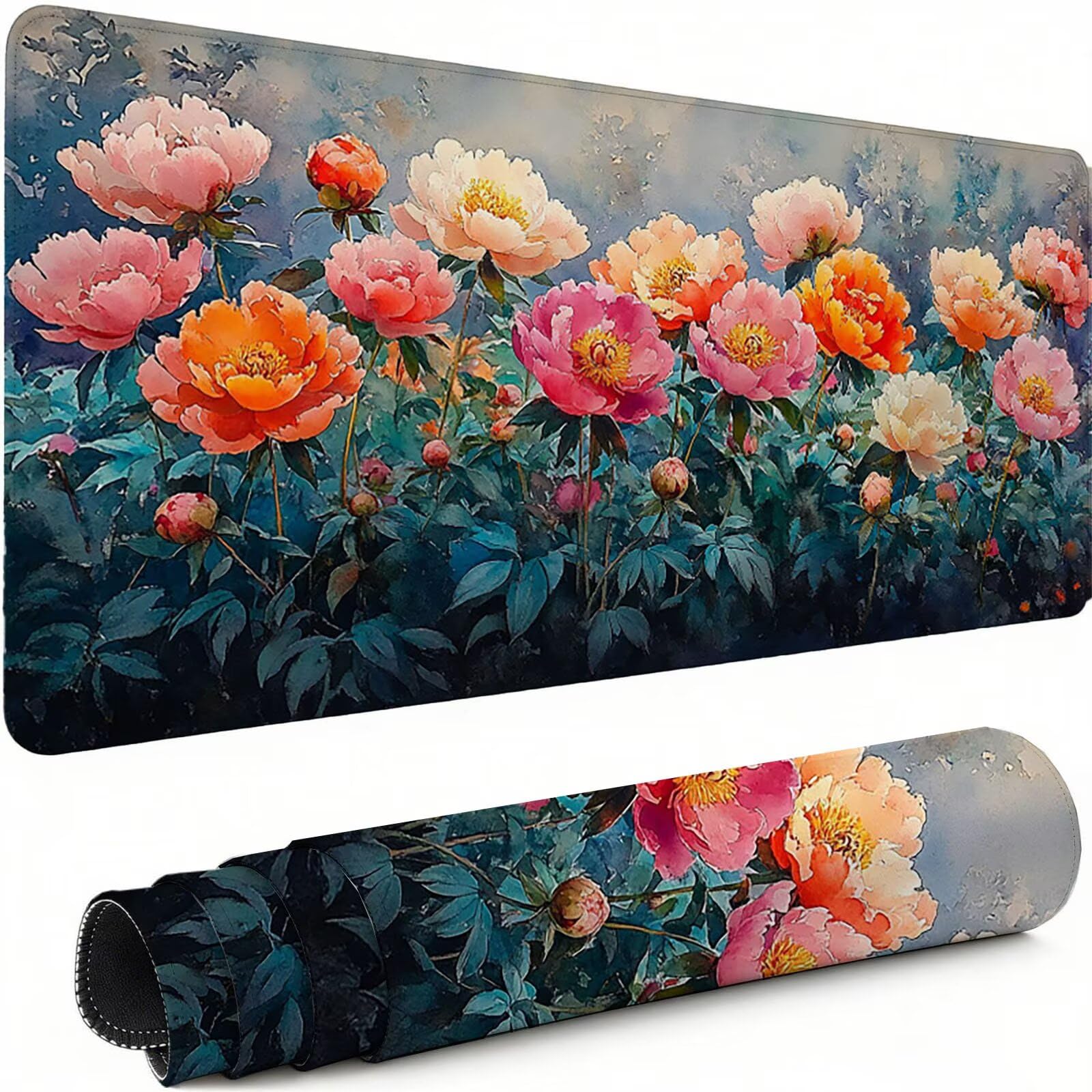 Piwonia Podkładka pod mysz XXL 1000 x 500 mm, duża podkładka pod mysz dla graczy, kwiat, biurko, szyte krawędzie, wodoodporna antypoślizgowa gumowa podstawa, do pracy, gier, biura, wystroju domu C