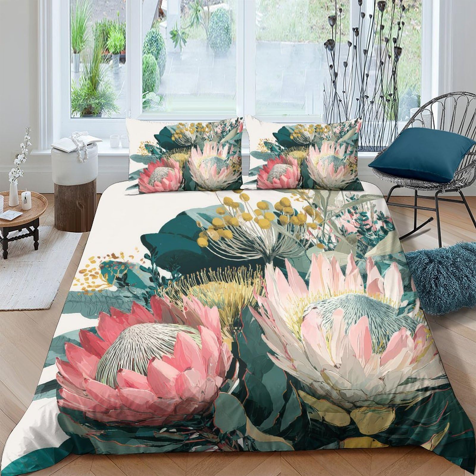 Ctjqhvkz Style-3 3D Printed Botanical Floral Fitted Sheet Microfiber Soft Green Pink Protea Mattress Cover For Bedroom Guest Room Decor Single（135X200cm）