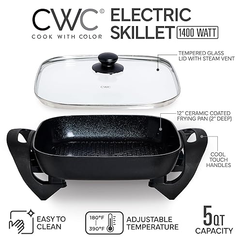 Miniatura 2 de COOK WITH COLOR Sartén eléctrica antiadherente de cerámica de 12 x 12 pulgadas, sin PFAS, 1400 W, tapa de vidrio templado, temperatura variable,