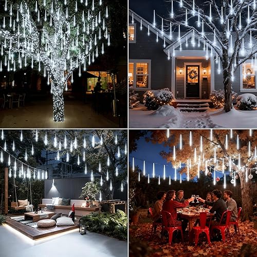 Miniatura 7 de Luces de lluvia de meteoritos de Navidad, alimentadas por pilas, impermeables, 192 LED, luz de caída de nieve con temporizador remoto, luces de gota