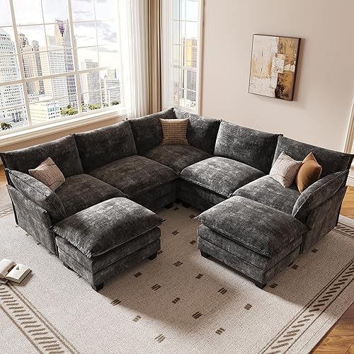 Miniatura 12 de KKL Sofá Cama Seccional Modular Grande de 91.3", Sofá Cama Convertible en Forma de J/L de 6 Plazas Sofá Nube con Otomana, Sofás Seccionales