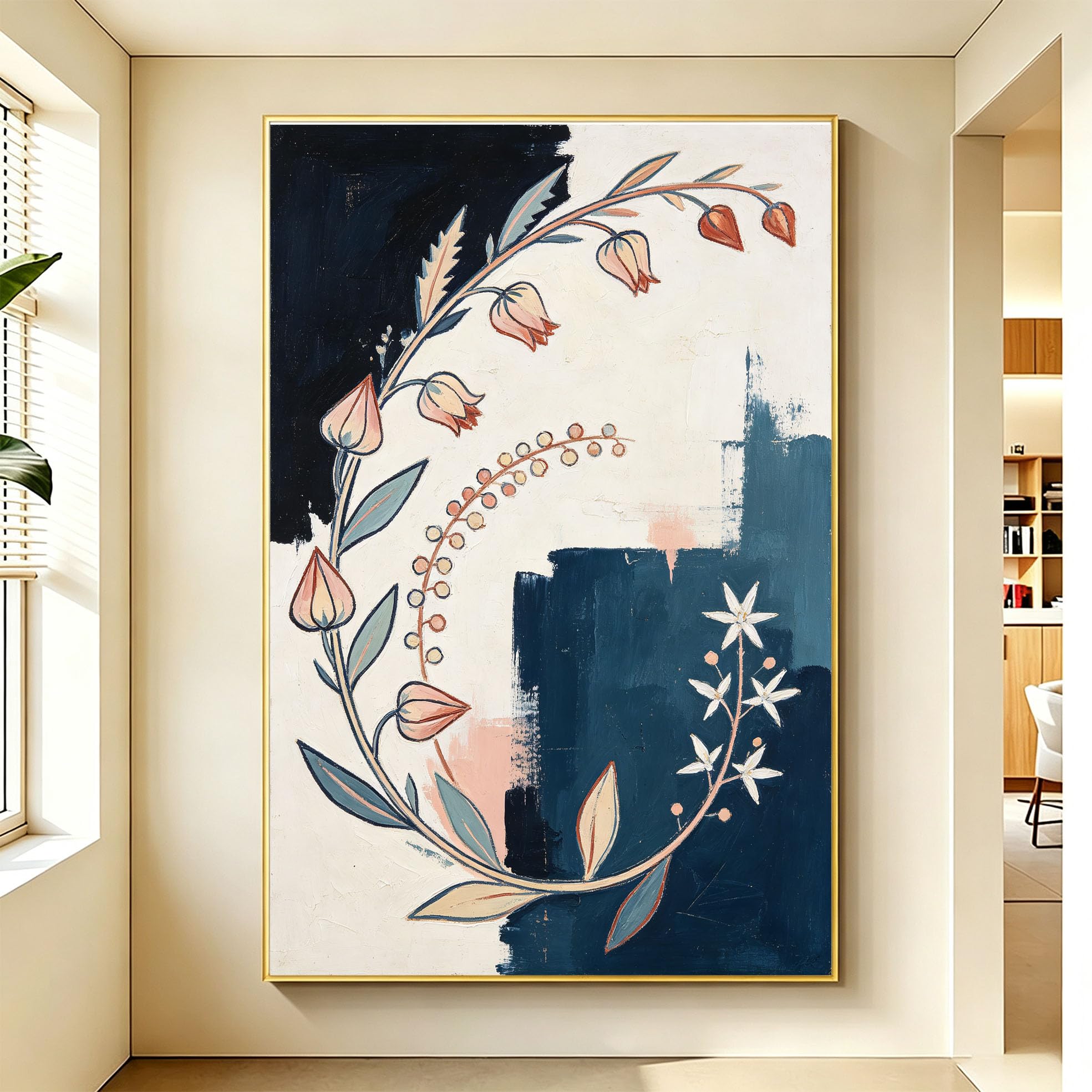 Großes Leinwand Ölgemälde Mit Blumenmotiv, 100% Handgemalt, Strukturierte Oberfläche, Rahmenlos, Ästhetisches Botanisches Kunstwerk Für Wohnzimmer Und Heimdekoration, 30 X 50 Cm (12 X 20 Zoll)