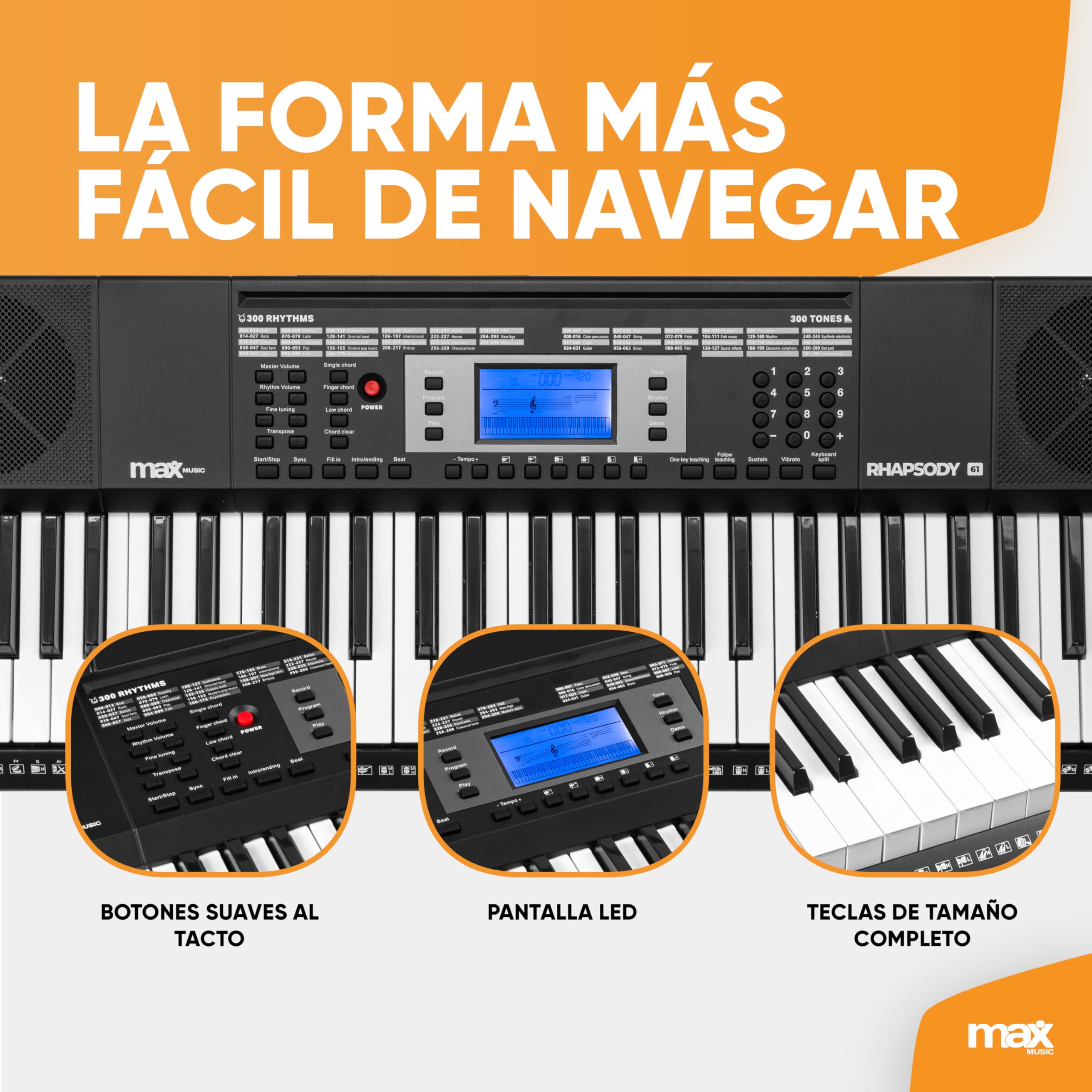 MAX Rhapsody61 Teclado Eléctrico con Auriculares - 61 Teclas, 300 Timbres, 300 Ritmos, 50 Canciones Demo, Enseñanza Inteligente de Música con Teclado, Teclado para Principiantes con Altavoces Duales