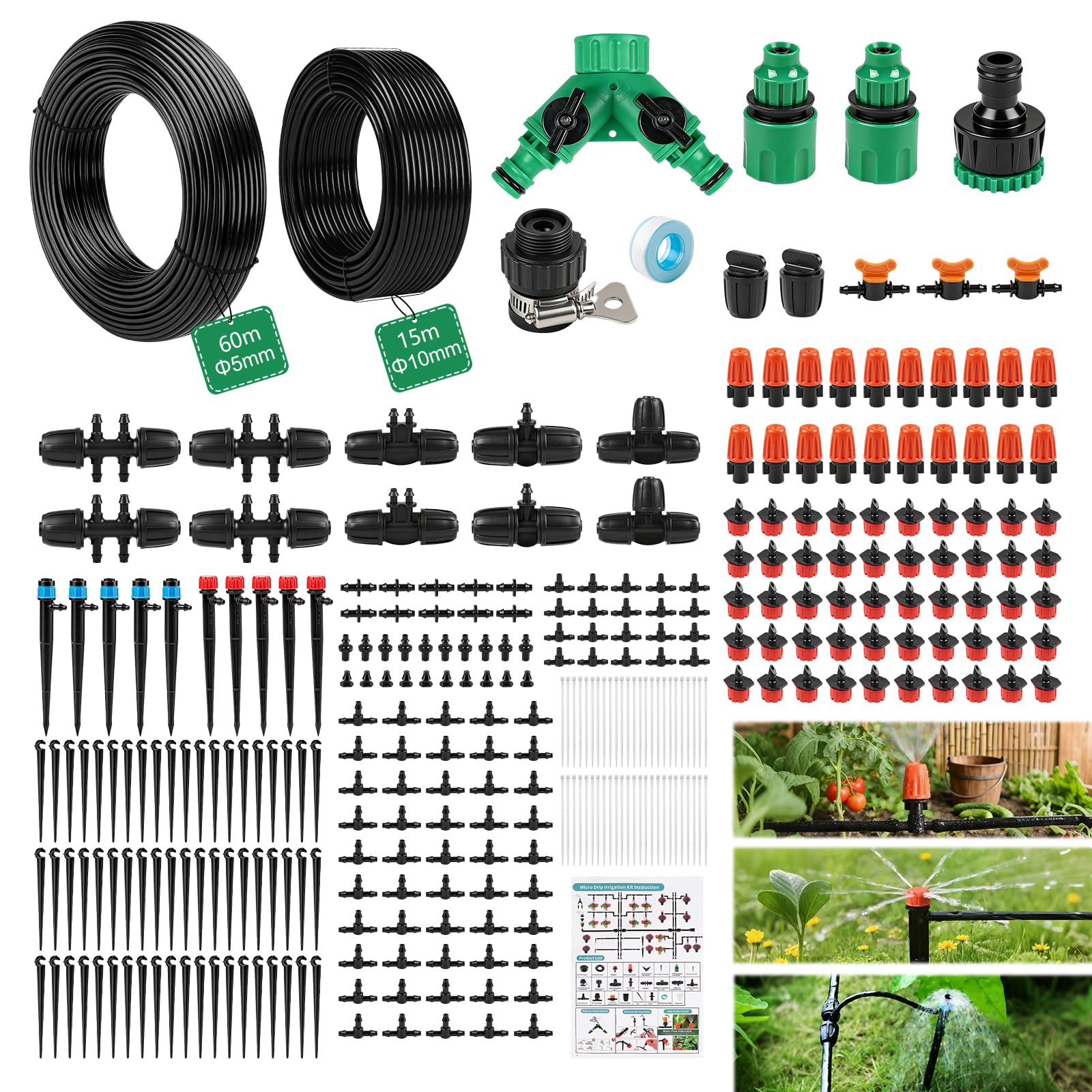 315 PCS Kit Irrigazione a Goccia per Orto con 60+15 m Tubo, Impianto Irrigazione Giardino Professionale, Sistema di Irrigaziona per Giardino Piante, Serra, Balcone Vasi, Impianto Prato