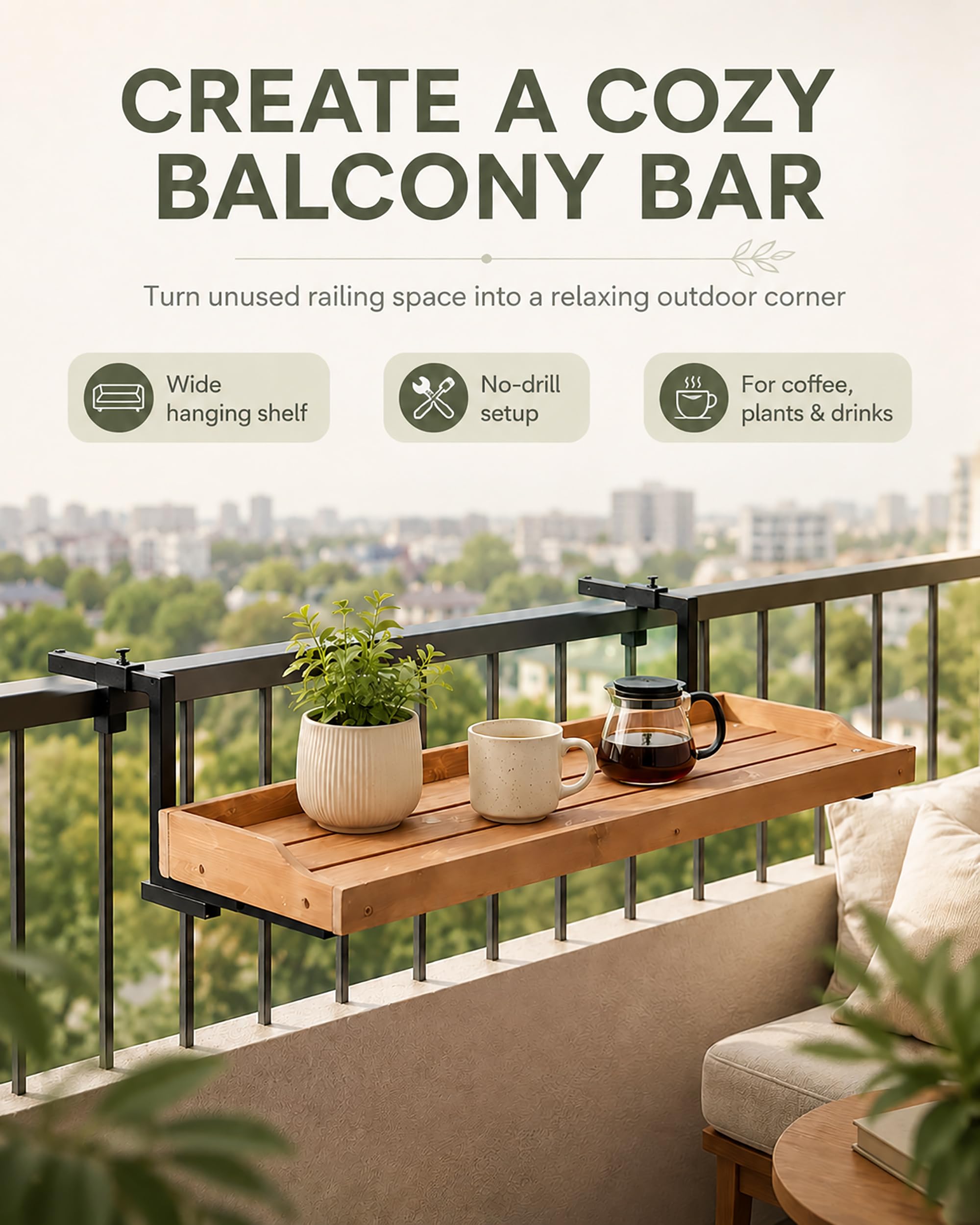 Tavolino da Balcone Pieghevole Sospeso - Tavolo per Ringhiera Regolabile in Legno - Salvaspazio Esterno per Piante e caffè - con Ganci in Ferro e Bordo 25cm | ,Natural,L120×W25cm