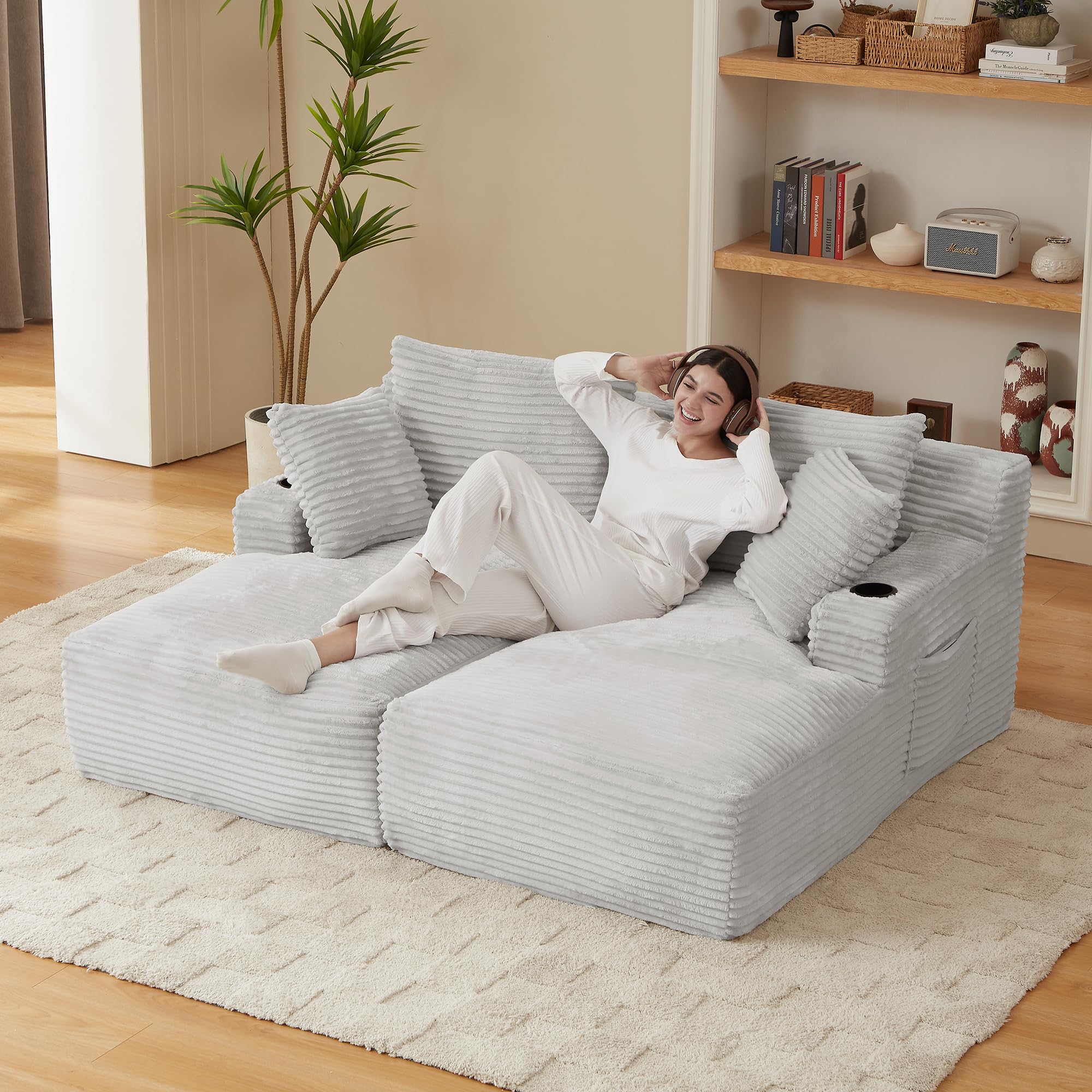 180 cm, ponadwymiarowy podwójny szezlong, sztruksowa, segmentowa sofa z uchwytami na kubki, przytulne poduszki, głębokie siedzisko, wszechstronna sofa do salonu, relaks i komfort