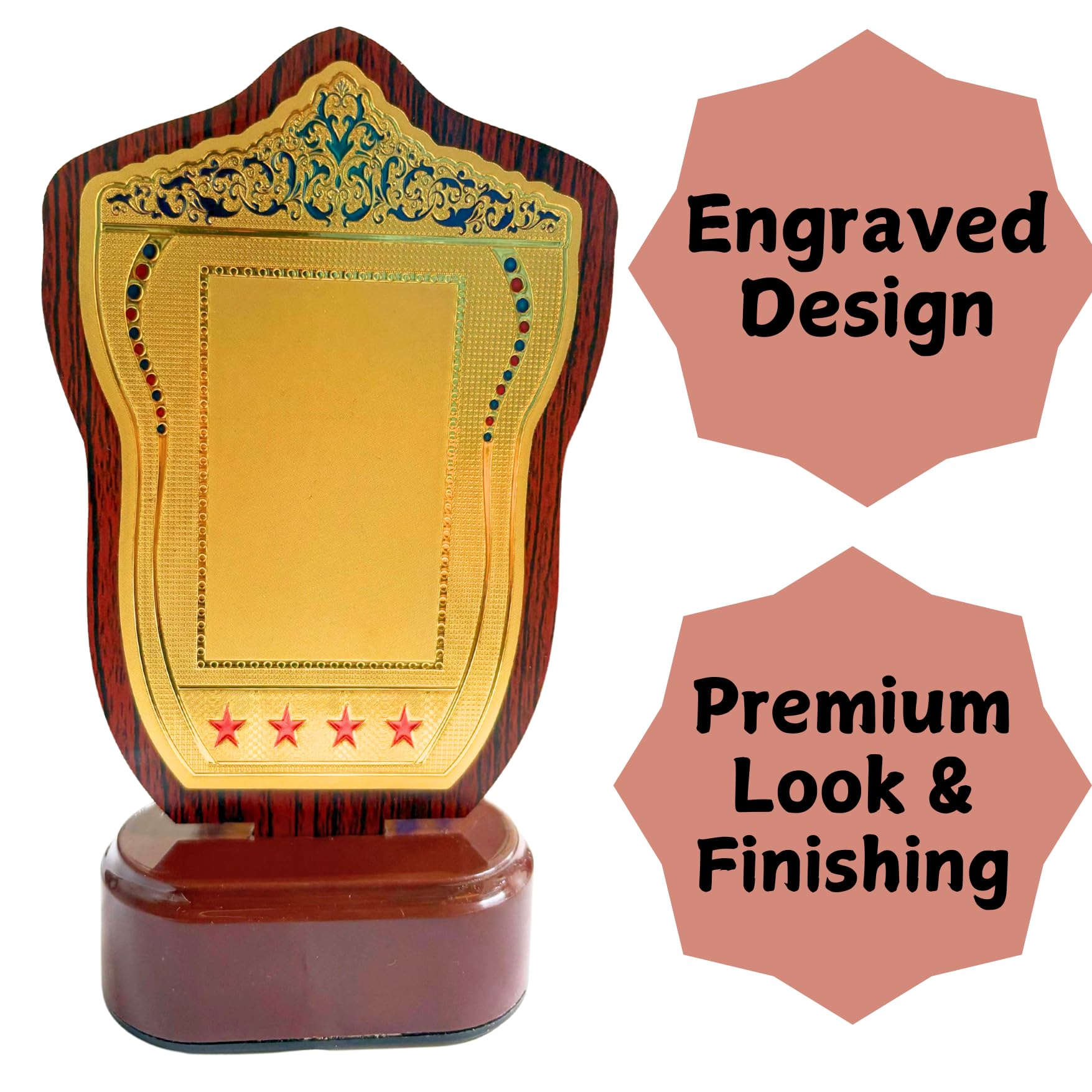 Engraved Design Shinning Wooden Trophy Shield Plaque with Gold Plate and Stars, Traditional Design, Logo Printing, Writings & Customisation Available (Set of 5 Trophies, Small (6 inches)) 1