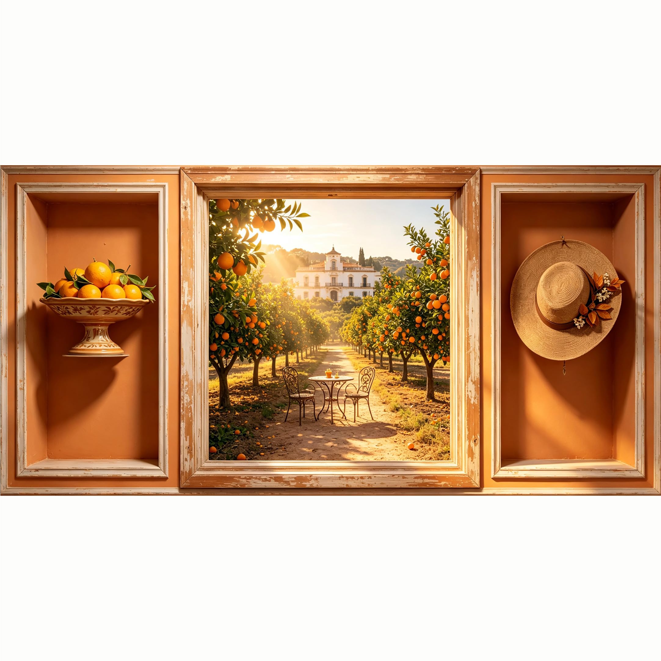 QZLITHOTIC 50x100cm 3D Framed Wall Art， Mediterranean Orange Orchard Landscape Self‑Adhesive Mural， Water‑Activated Peel & Stick Fabric Decor Wall Decal for Bedroom Living Room