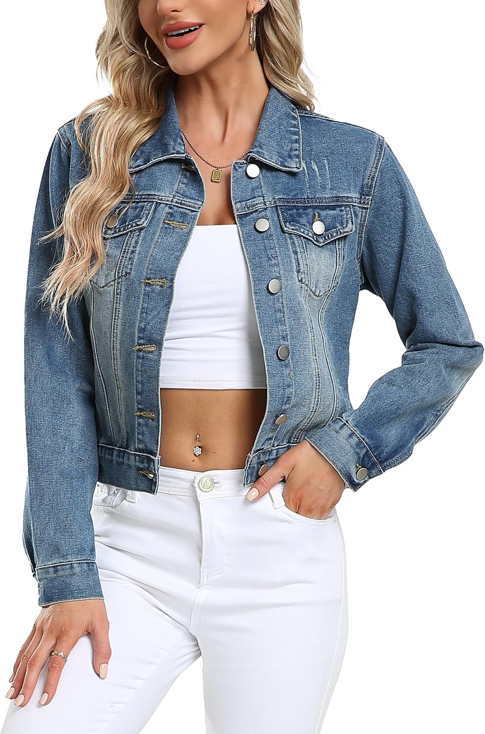 andy & natalie Women’s Denim Jackets Cropped Long Sleeve Basic Button Down Crop Jean Shacket with Pockets